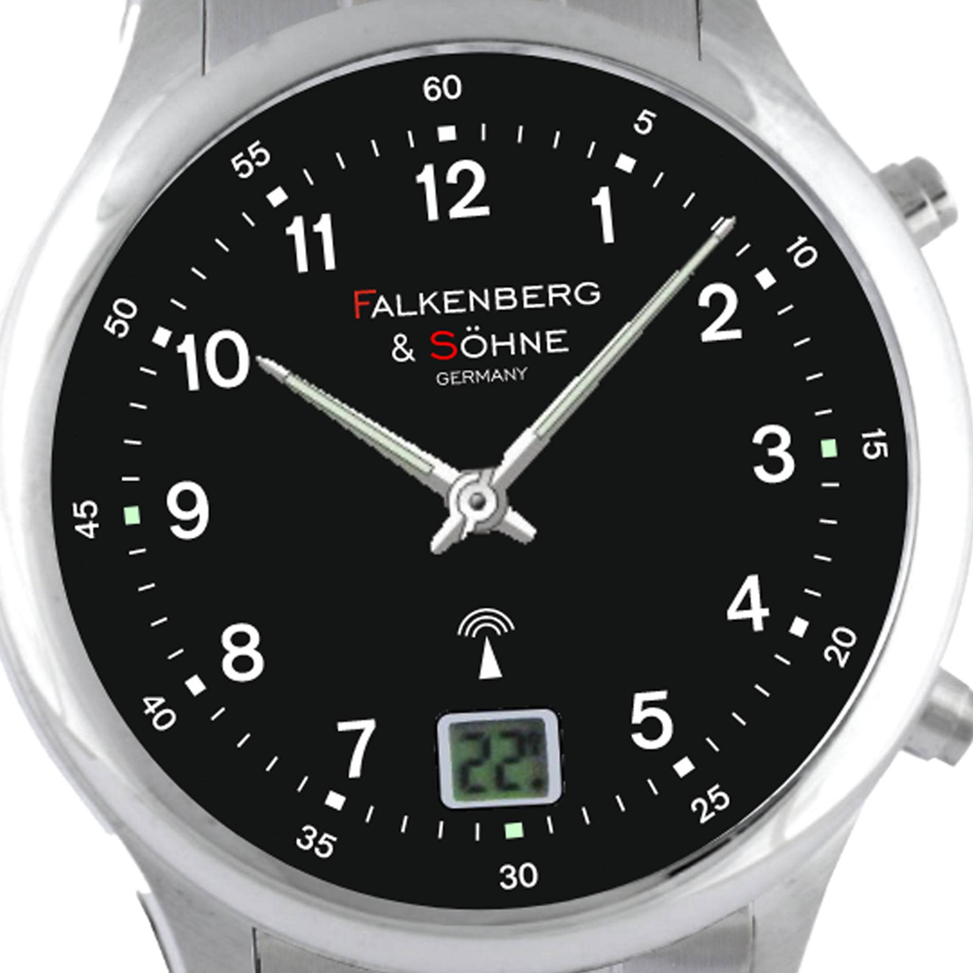 Falkenberg & Söhne Funkarmbanduhr japanisches Quarzuhrwerk Funkuhr 41 mm Edelstahl 20 mm Funksignal DCF77 Herrenarmbanduhr Damenarmbanduhr Digitale