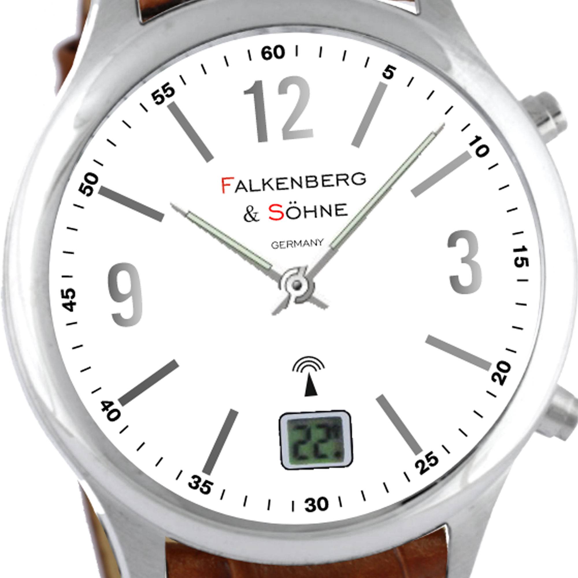 Falkenberg & Söhne Funkarmbanduhr japanisches Quarzuhrwerk Funkuhr 42 mm Edelstahl Leder 22 mm Funksignal DCF77 Herrenarmbanduhr Damenarmbanduhr