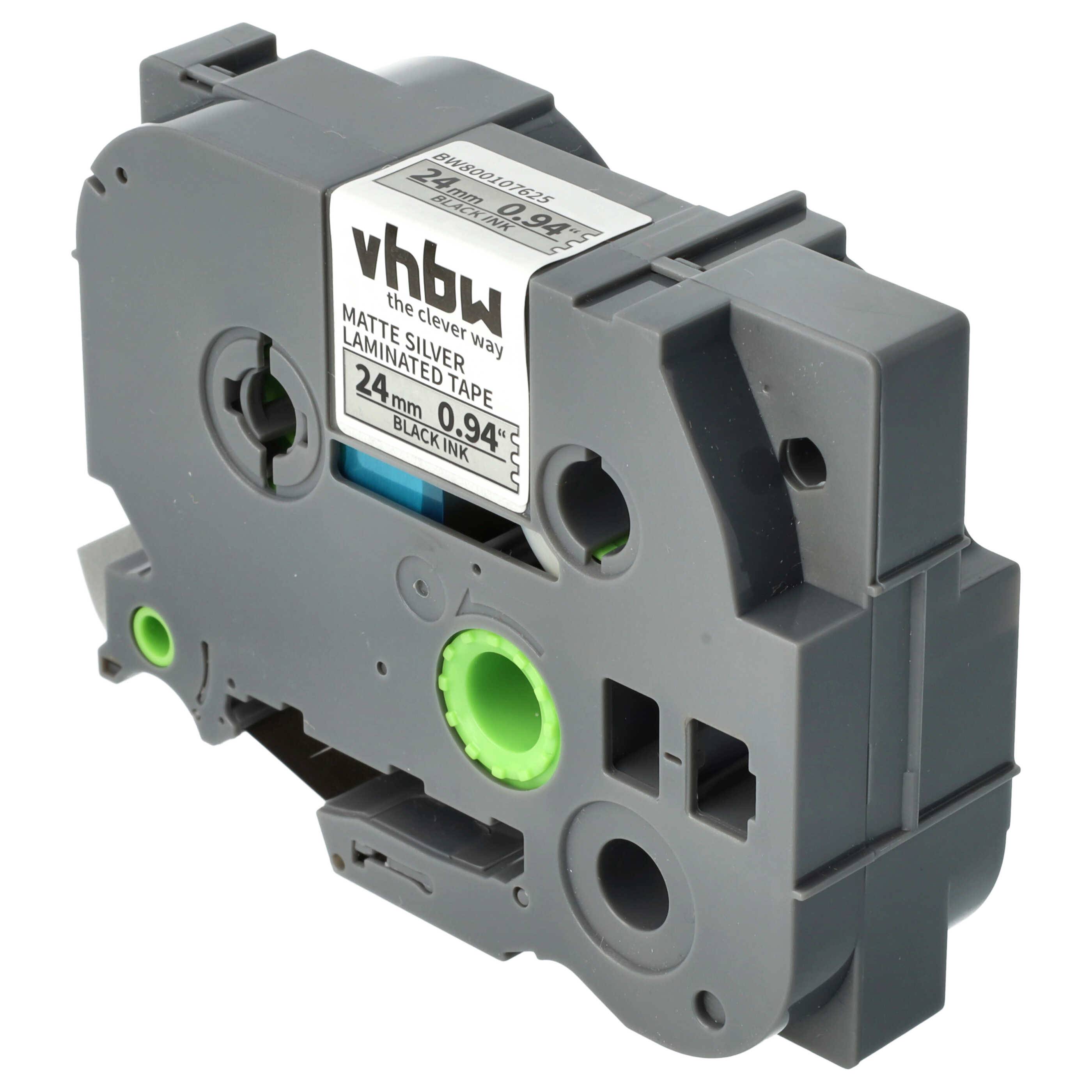 vhbw 1x Schriftband-Kassette kompatibel mit Brother PT 9400, 7600 VP, 9200 DX, 9200 PC, 9500 PC Etiketten-Drucker 8m x 24mm Schwarz auf Matt-Silber