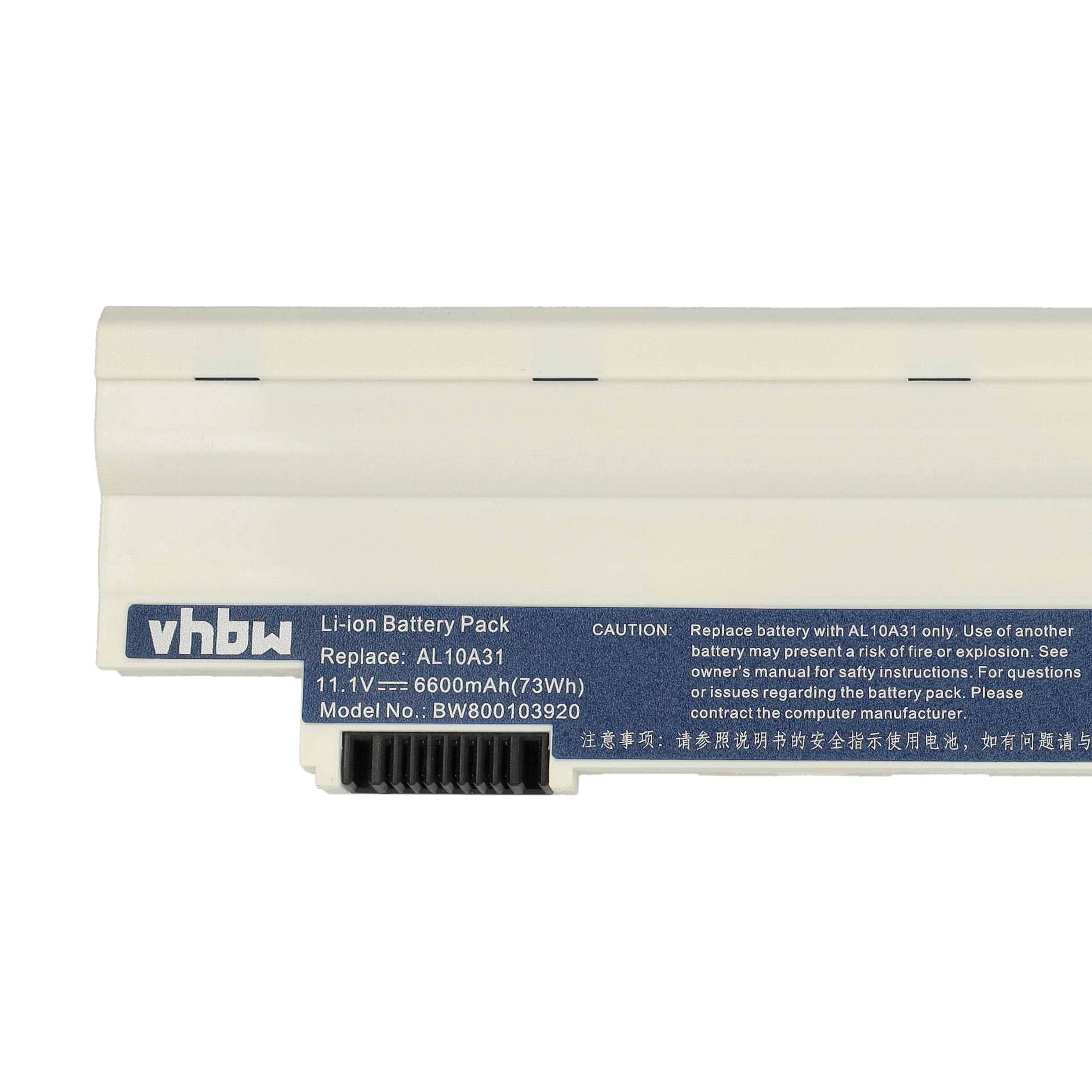 vhbw Akku kompatibel mit Acer Aspire One D260-N51B/K, D260-2Bkk, D260-2Bp, D260-N51B/KF Notebook (6600 mAh, 11,1 V, Li-Ion)