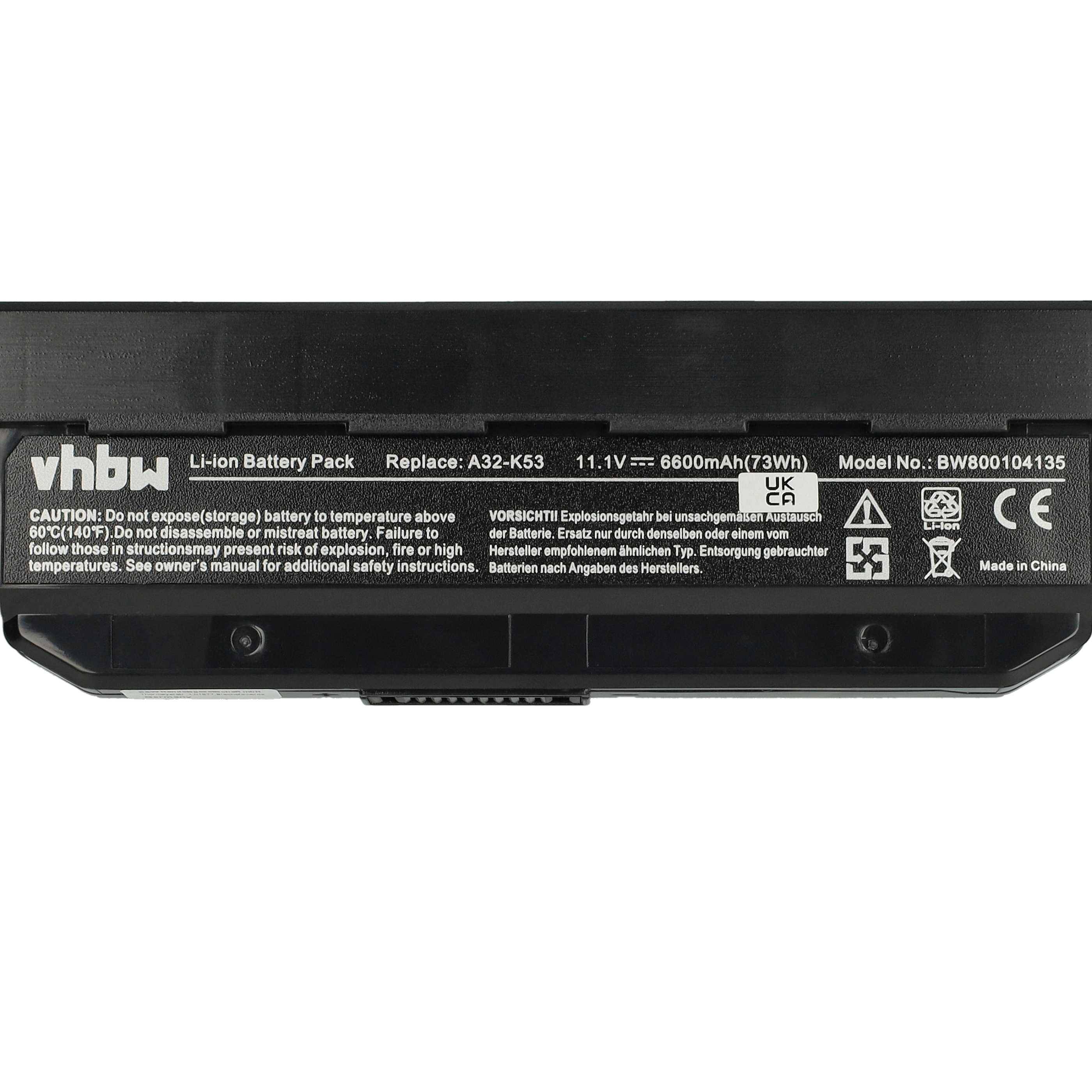 vhbw 1x Akku kompatibel mit Asus X53SV-SX179V, X53SV-SX173V, X53SV-SX213V, X53SV-SX200V Notebook (6600 mAh, 11,1 V, Li-Ion)