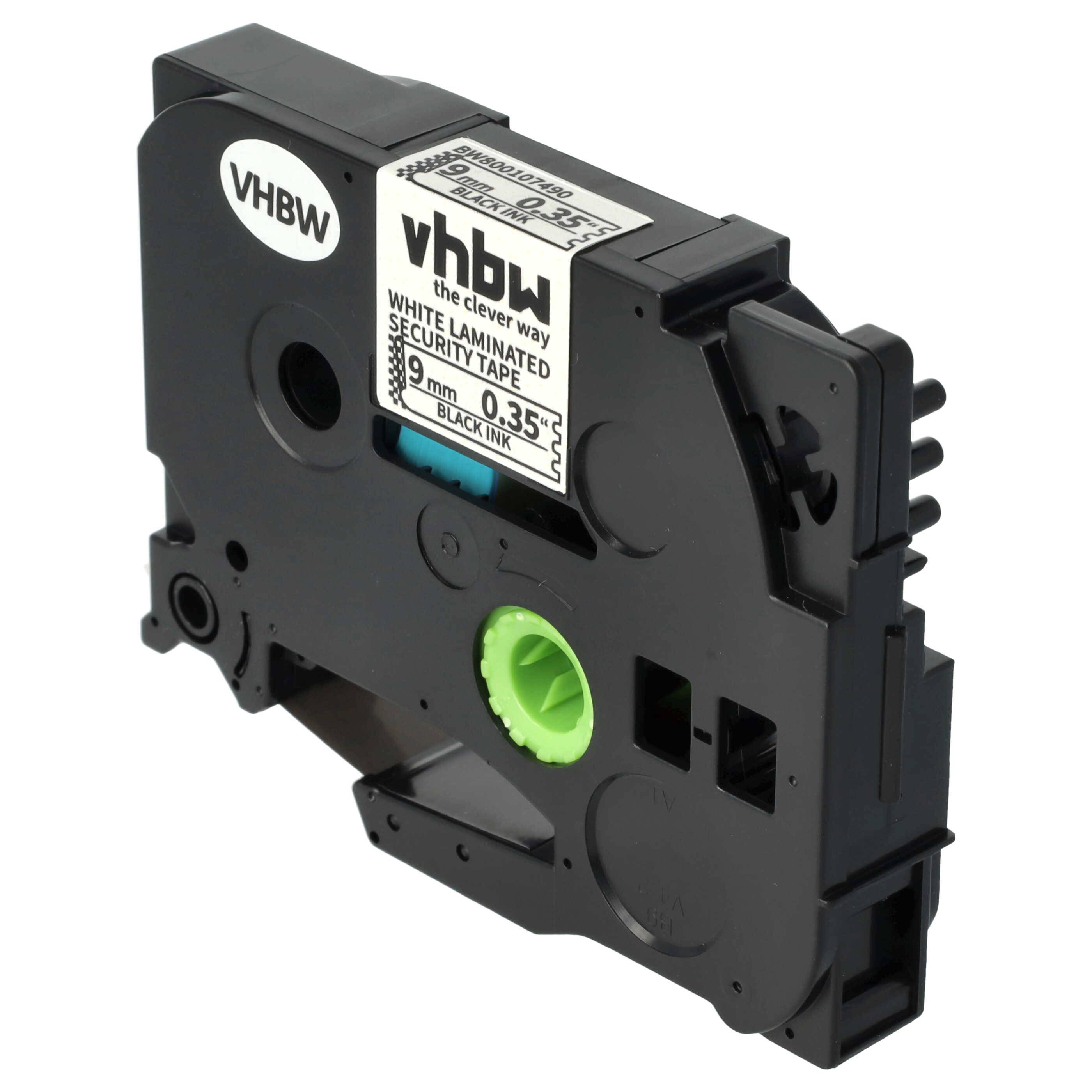 vhbw Schriftband-Kassette kompatibel mit Brother PT D600, D600VP, H100LB, E100, E100VP Etiketten-Drucker 8m x 9mm Schwarz auf Weiß Sicherheitsband