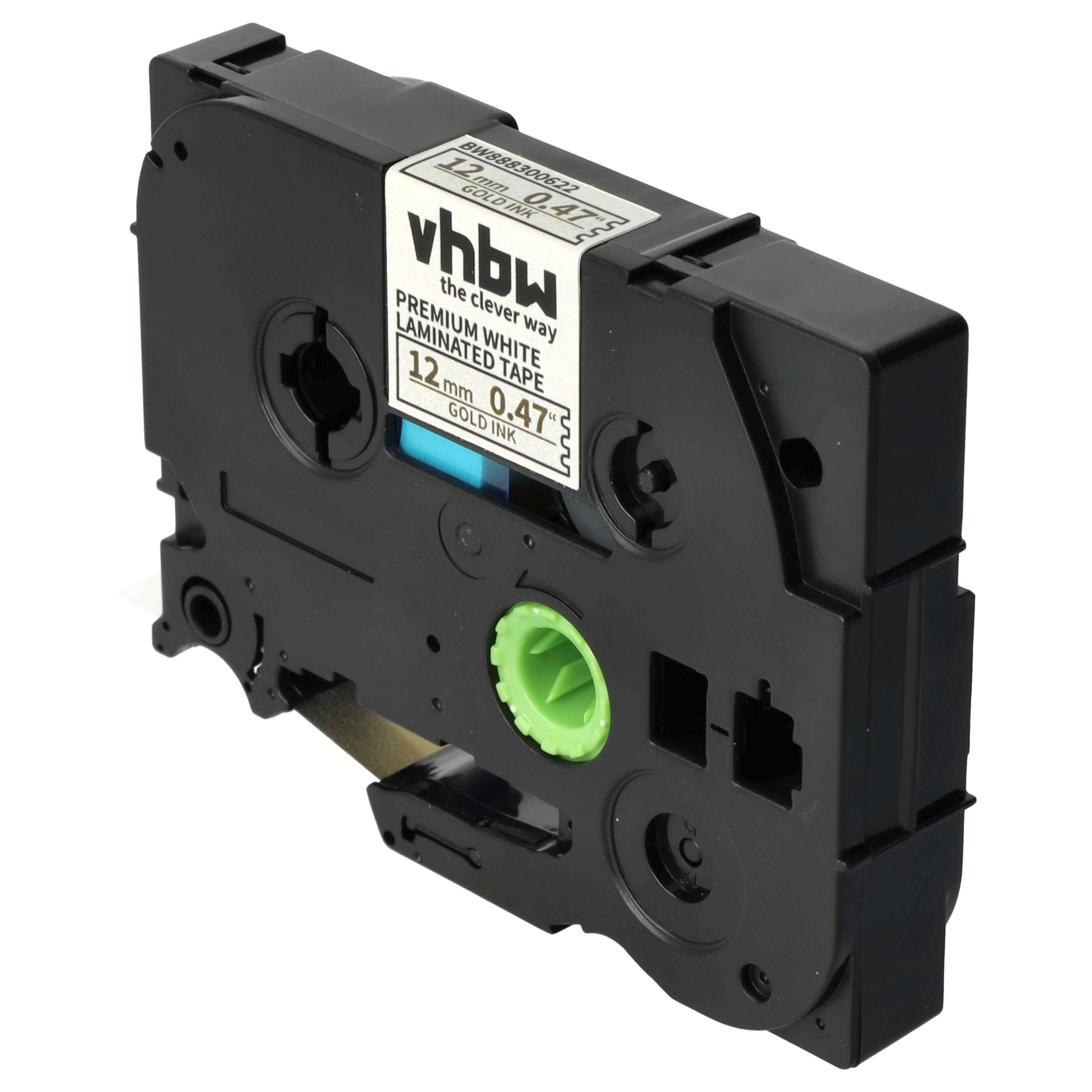 vhbw Schriftband-Kassette kompatibel mit Brother PT PT-1850CC, PT-1830VP, PT-1850 Etiketten-Drucker 5m x 12mm Gold auf Premiumweiß, Laminiert