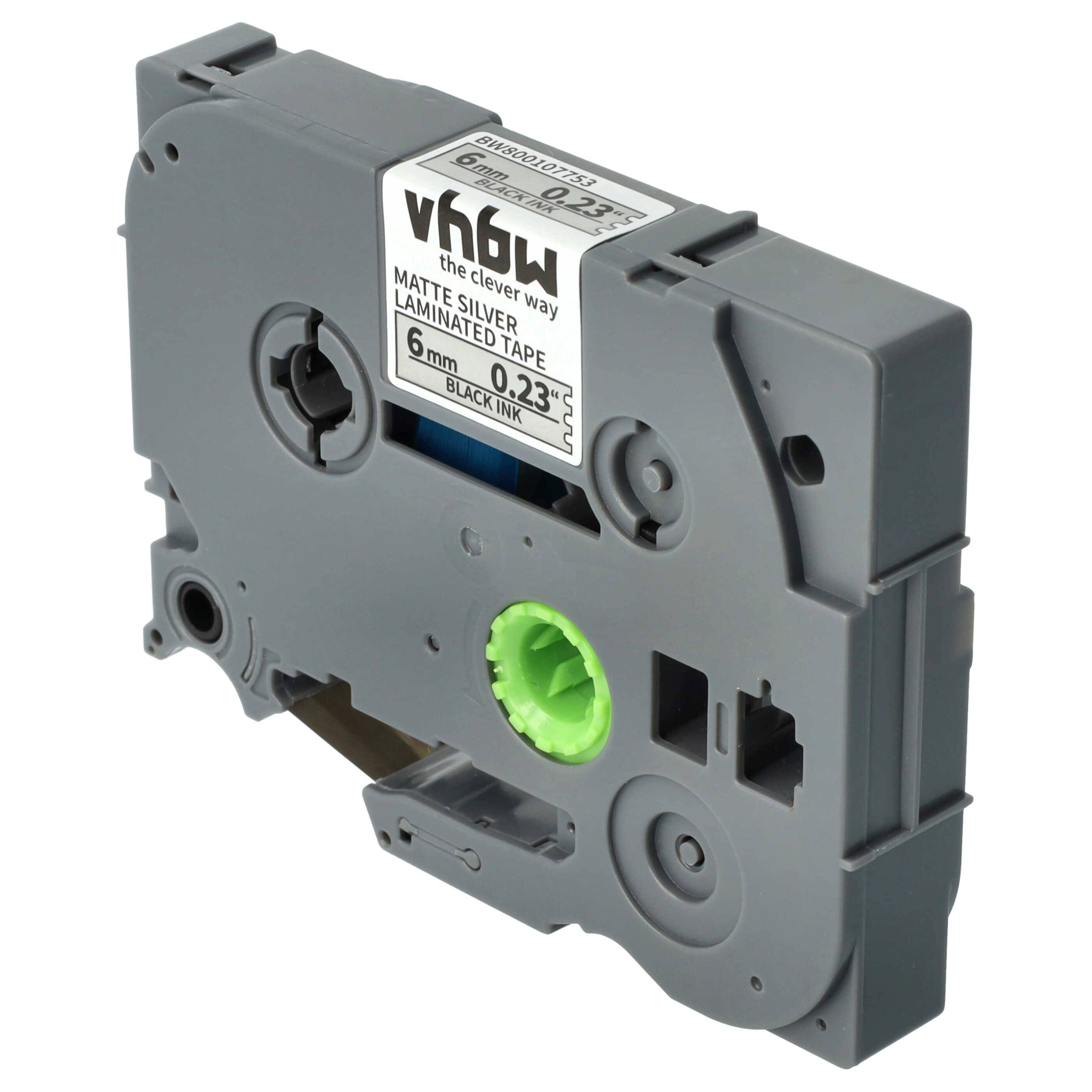 vhbw Schriftband-Kassette kompatibel mit Brother PT D600VP, P700, H100LB, H100R, E100, E100VP Etiketten-Drucker 8m x 6mm Schwarz auf Matt-Silber