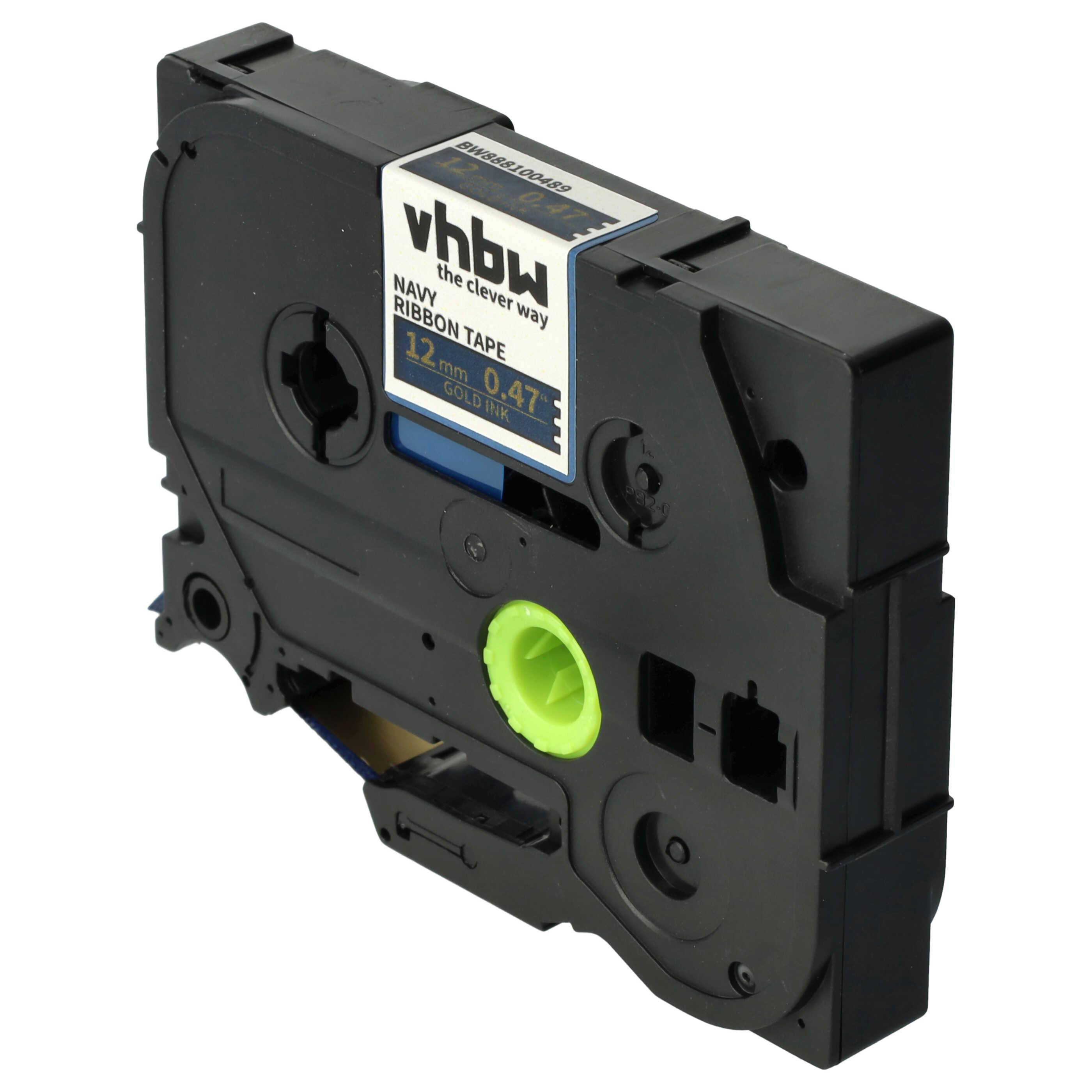 vhbw Schriftband-Kassette Textil kompatibel mit Brother PT E300VP, E110, E300, E105, E110VP, E100VP Etiketten-Drucker 4m x 12mm Gold auf Marineblau