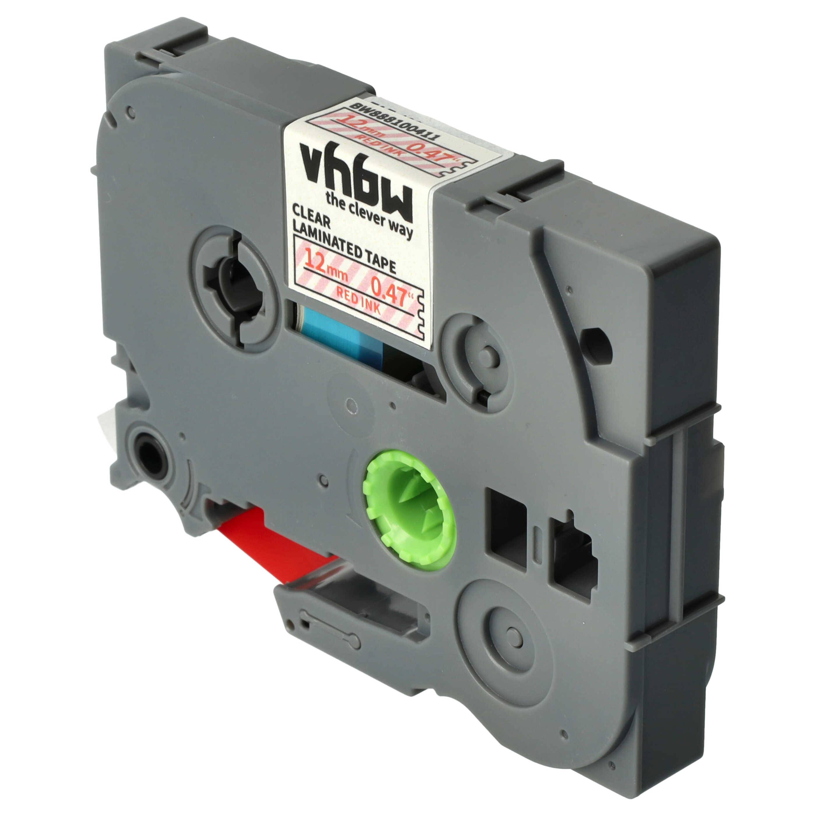 vhbw Schriftband-Kassette kompatibel mit Brother PT H107B, H108, H105WB, H105WN, H105VP Etiketten-Drucker 8m x 12mm Rot auf Transparent, Laminiert