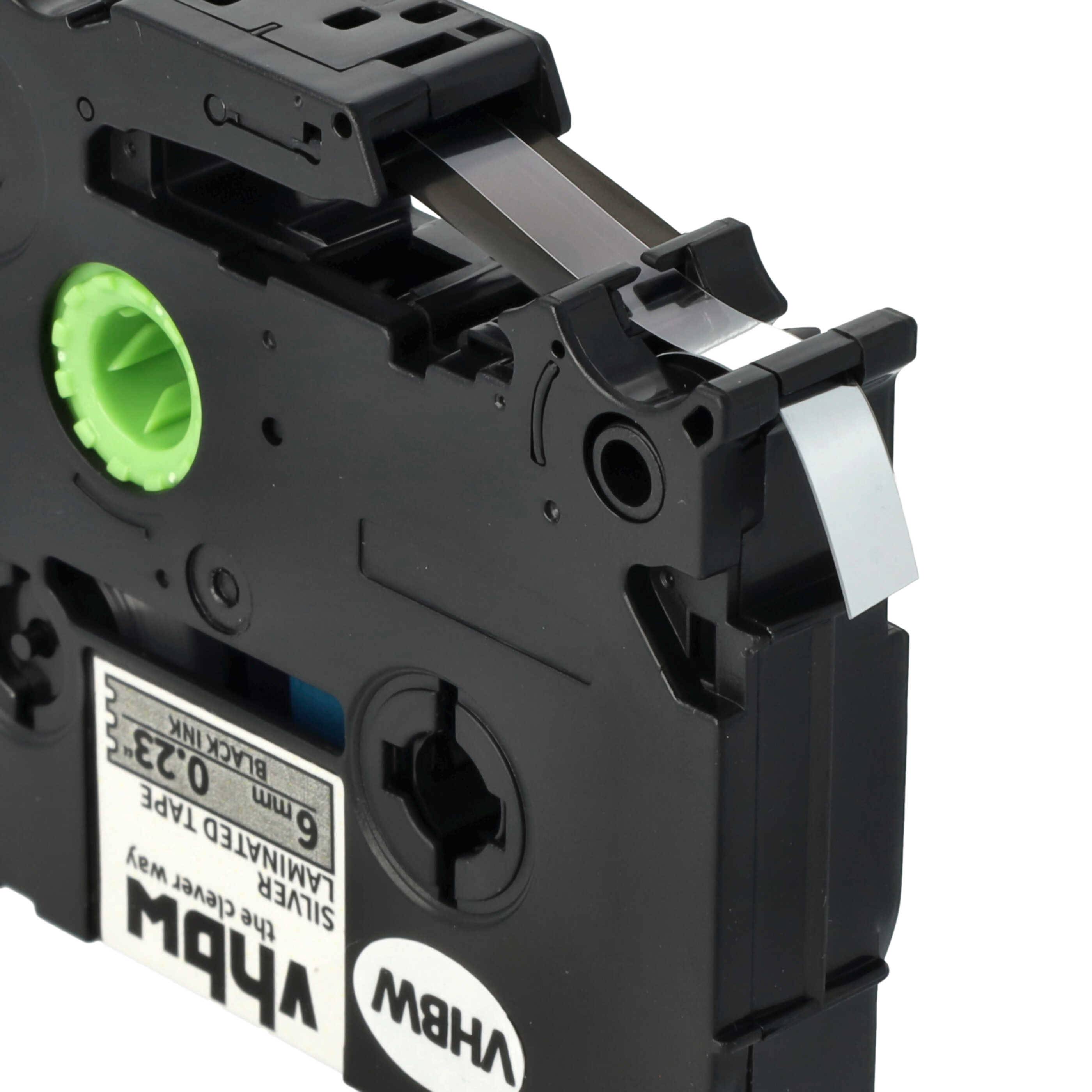 vhbw 1x Schriftband-Kassette kompatibel mit Brother PT 1280, 1250S, 1250VP, 1250VPS, 1260VP Etiketten-Drucker 8m x 6mm Schwarz auf Silber, Laminiert