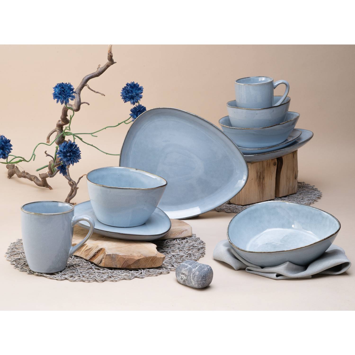 CreaTable 16635 Kombiservice Cloudy für 2 Personen, Steinzeug, blau (1 Set, 10-teilig)