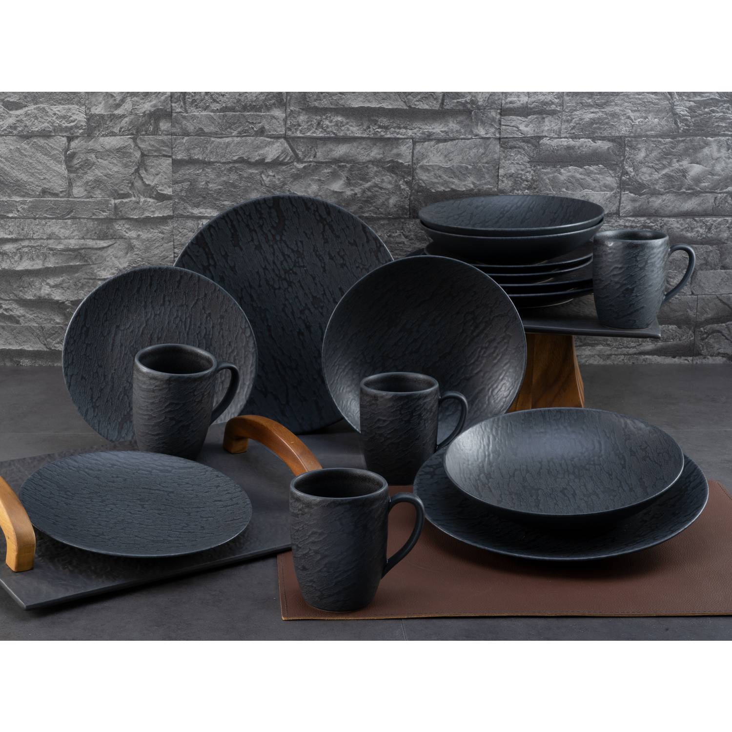 CreaTable 20539 Kombiservice Schiefer für 4 Personen, Steinzeug, schwarz (1 Set, 16-teilig)