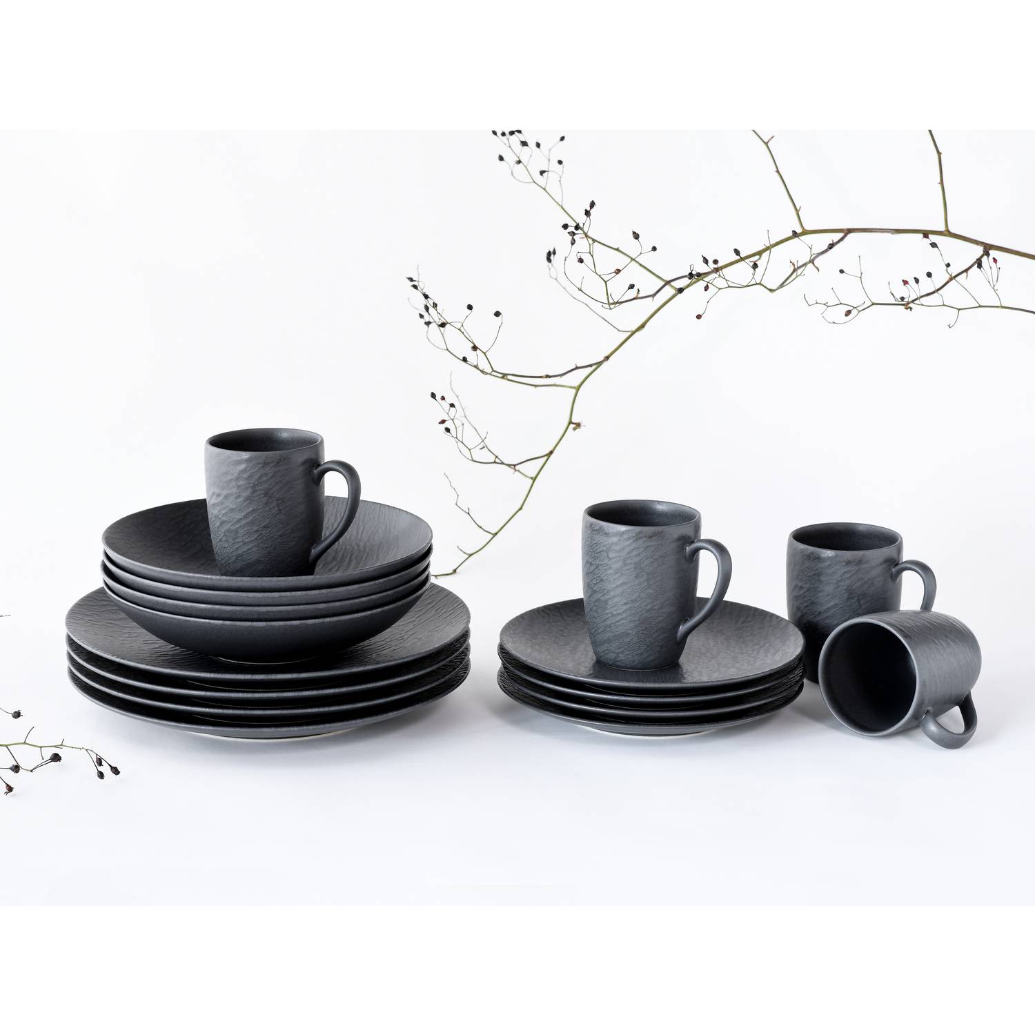 CreaTable 20539 Kombiservice Schiefer für 4 Personen, Steinzeug, schwarz (1 Set, 16-teilig)