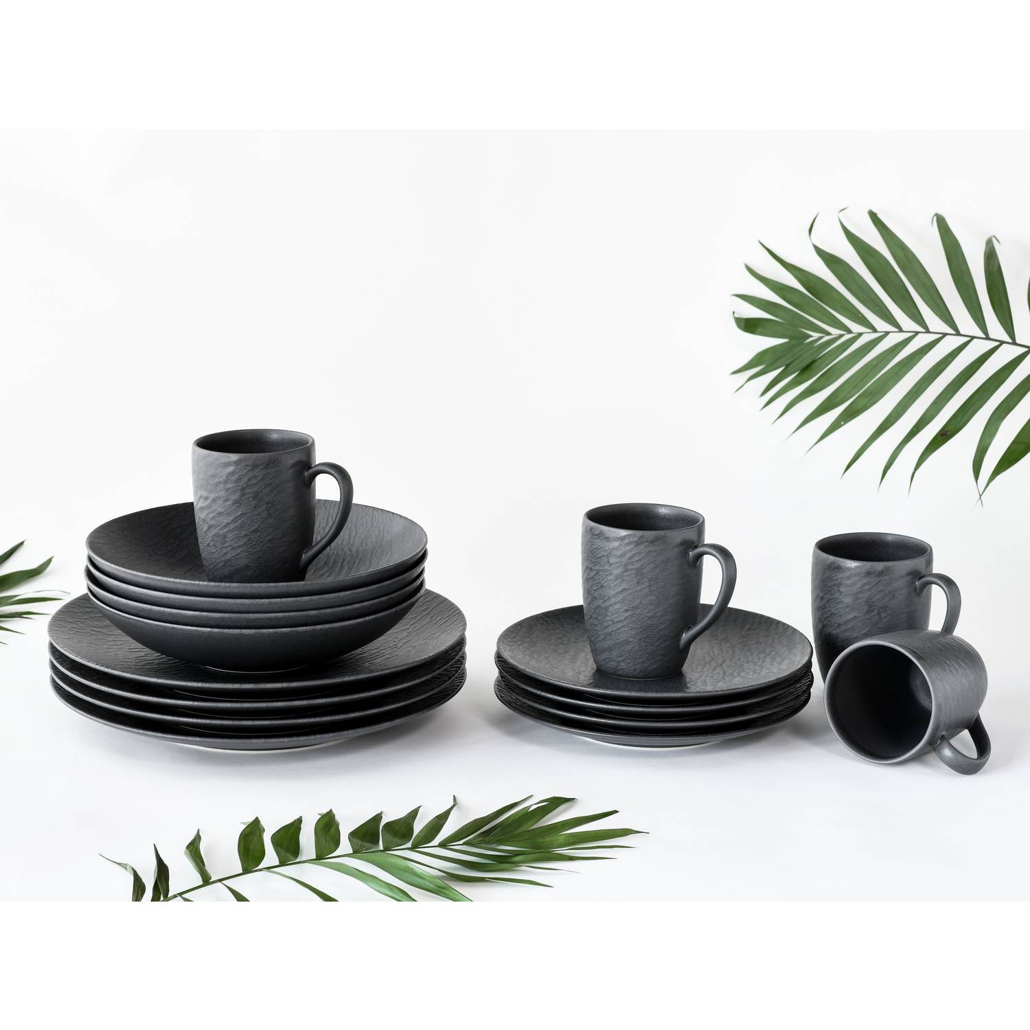 CreaTable 20539 Kombiservice Schiefer für 4 Personen, Steinzeug, schwarz (1 Set, 16-teilig)
