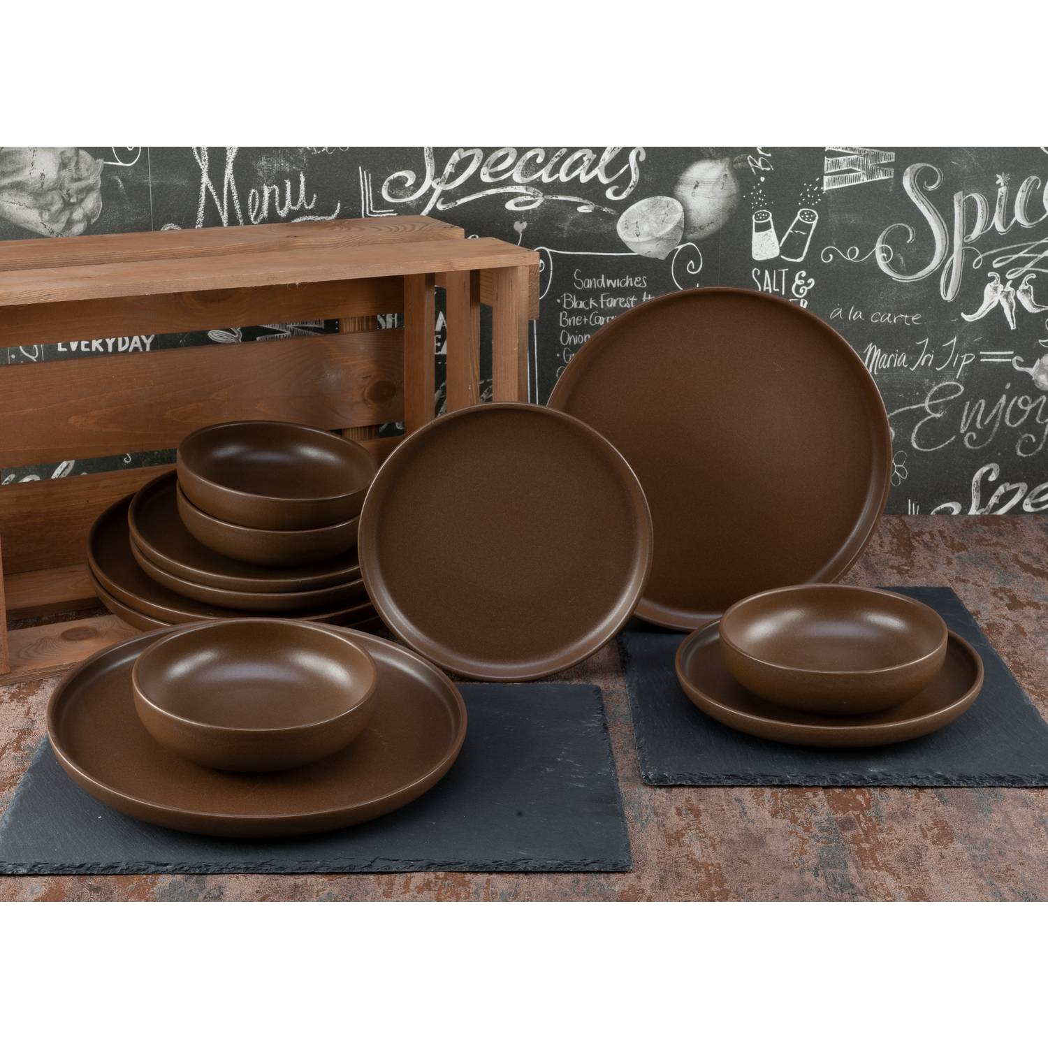 CreaTable 23659 Tafelservice Uno für 4 Personen, Steinzeug, braun (1 Set, 12-teilig)