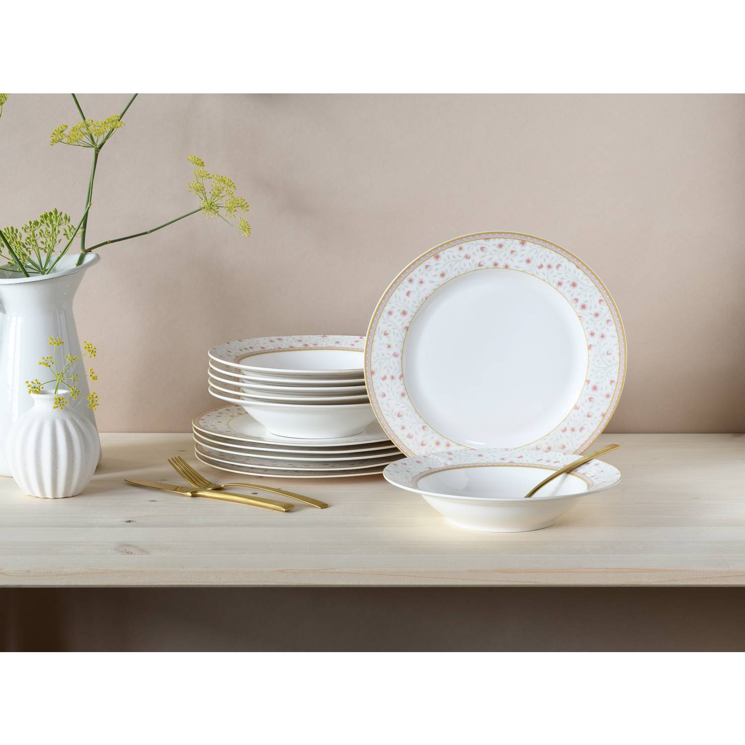 CreaTable 17528 Tafelservice Emilia für 6 Personen, Porzellan, creme-weiß (1 Set, 12-teilig)