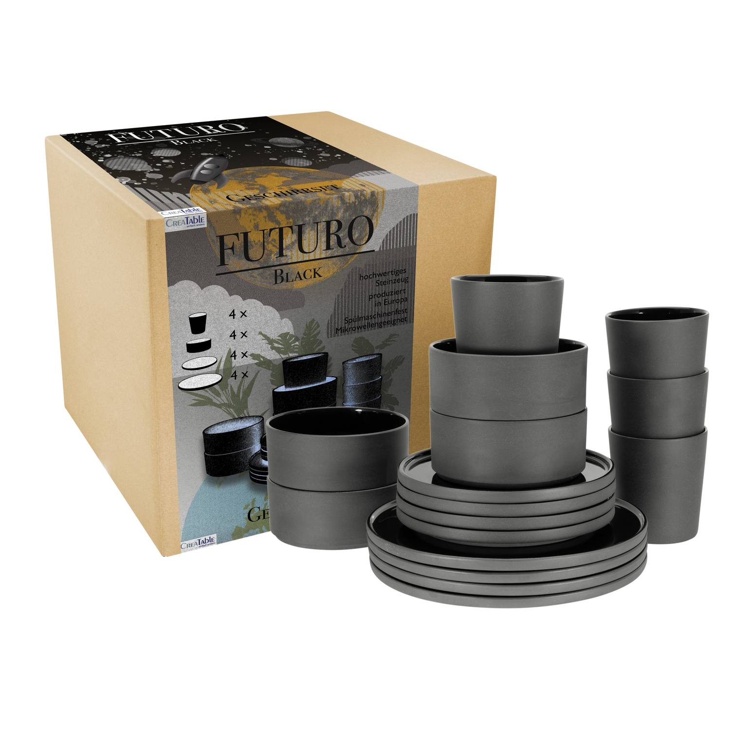 CreaTable 21539 Kombiservice Futuro für 4 Personen, Steinzeug, schwarz (1 Set, 16-teilig)