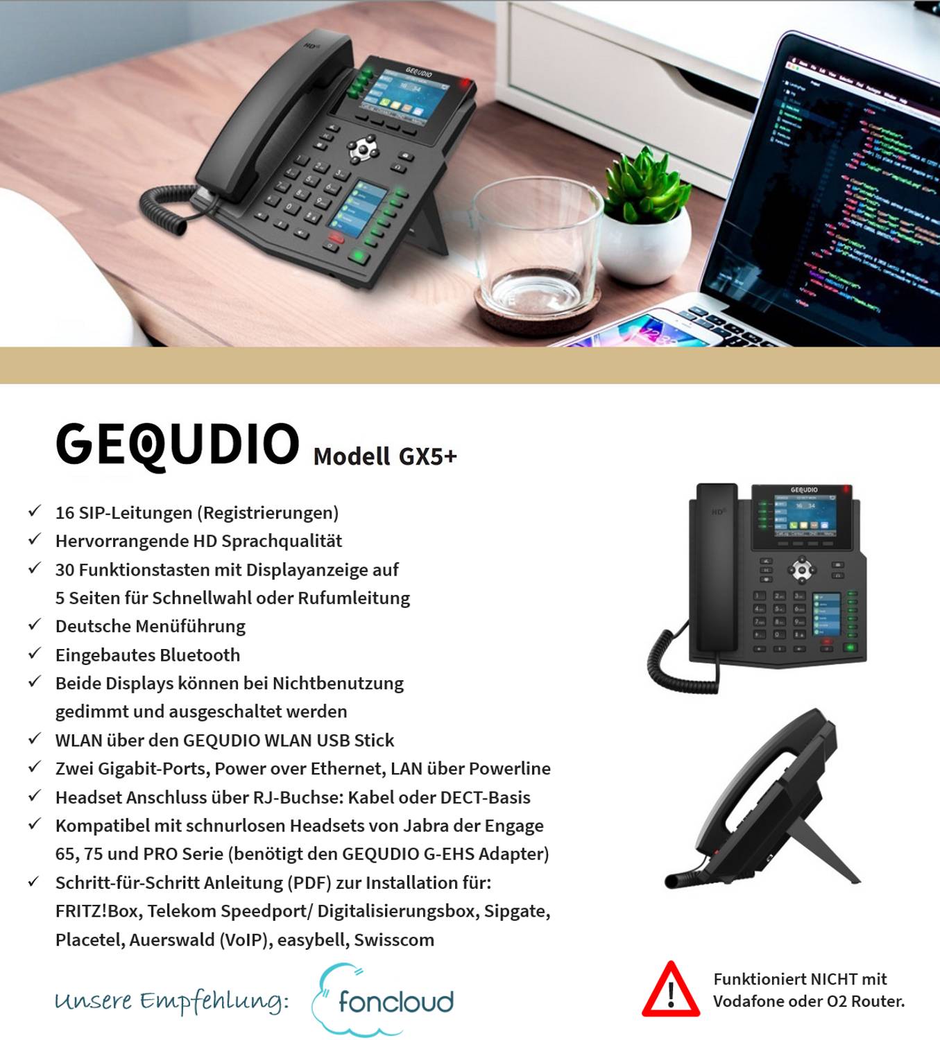 GEQUDIO IP Telefon GX5+ mit Netzteil & WLAN Stick - für Fritzbox, Telekom - Freisprechen & 2x Farbdisplays - Anleitung