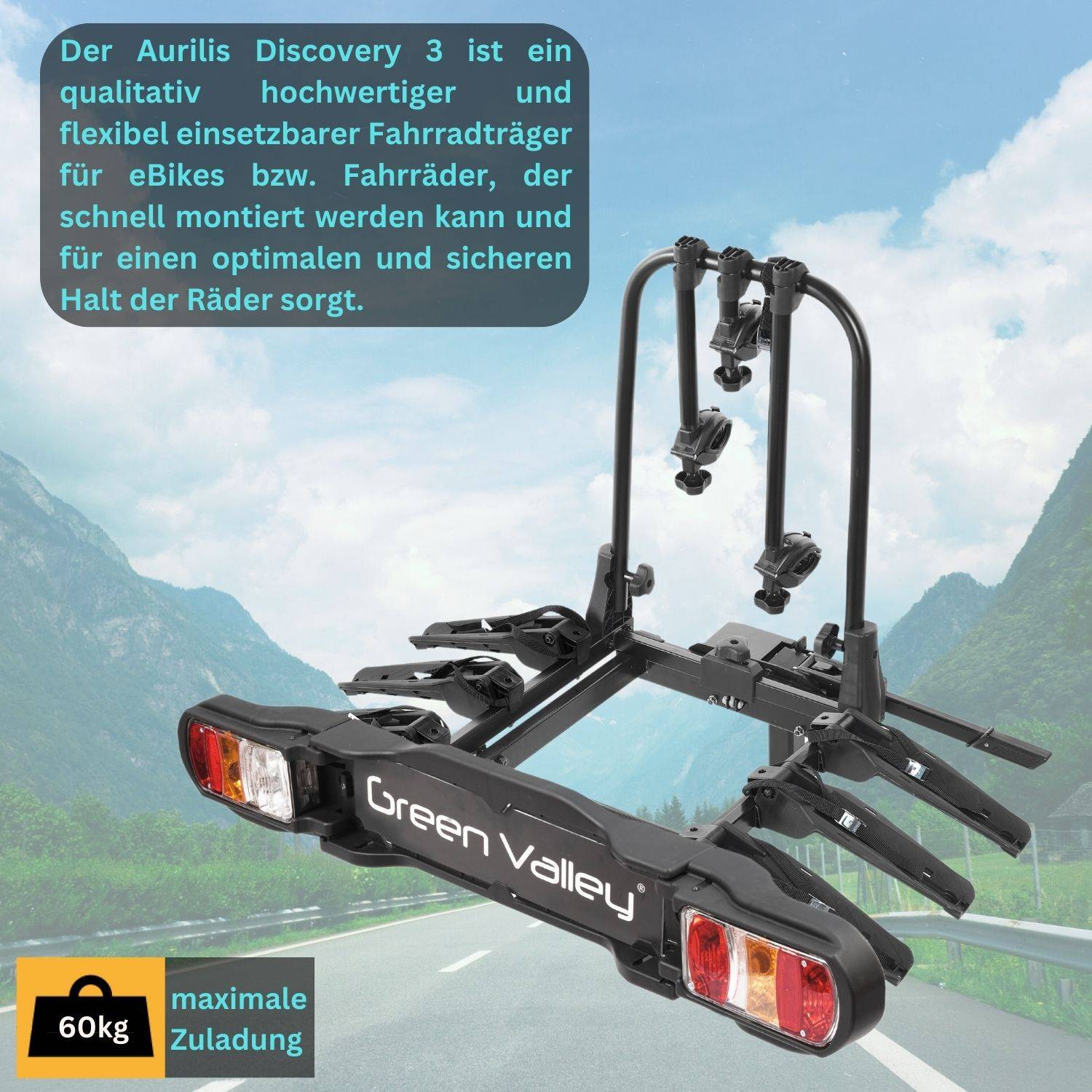 eBike Fahrradträger für Anhängerkupplung Fahrrad Heckträger Radträger - Discovery 3 - für 3 Fahrräder - 60kg Zuladung - am Fahrzeug klappbar -
