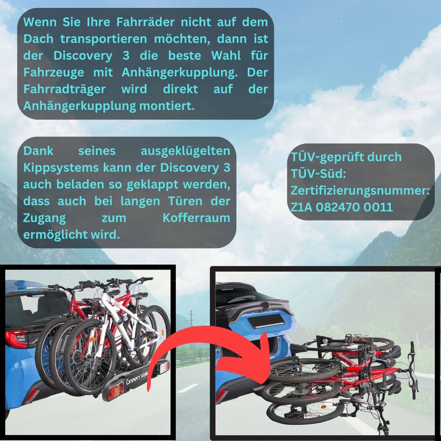 eBike Fahrradträger für Anhängerkupplung Fahrrad Heckträger Radträger - Discovery 3 - für 3 Fahrräder - 60kg Zuladung - am Fahrzeug klappbar -