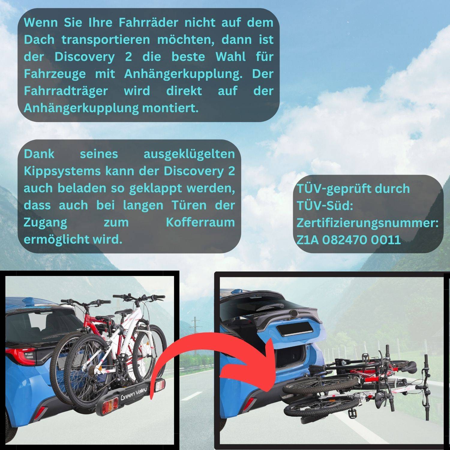 eBike Fahrradträger für Anhängerkupplung Fahrrad Heckträger Radträger - Discovery 2 - für 2 Fahrräder - 60kg Zuladung - am Fahrzeug klappbar -