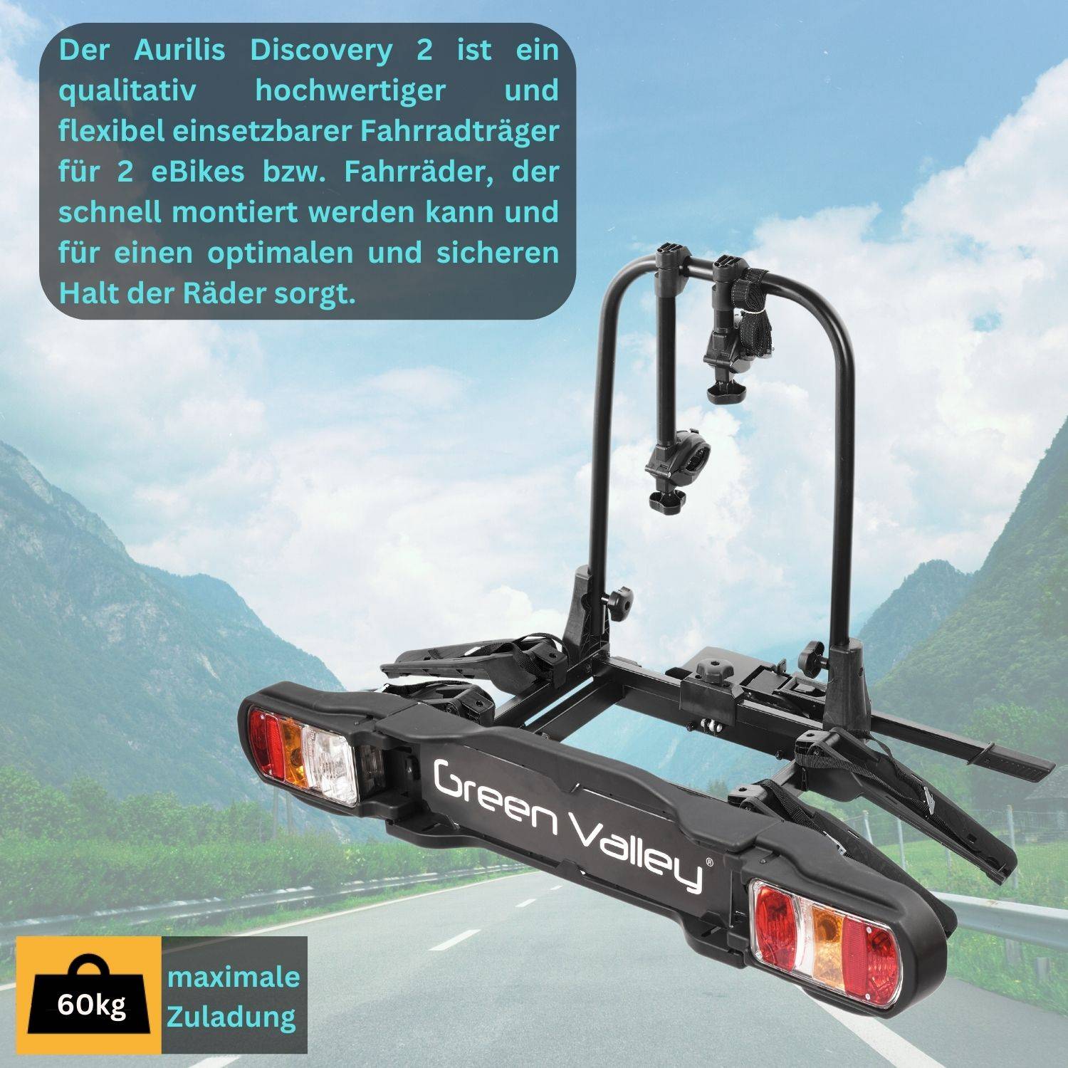 eBike Fahrradträger für Anhängerkupplung Fahrrad Heckträger Radträger - Discovery 2 - für 2 Fahrräder - 60kg Zuladung - am Fahrzeug klappbar -