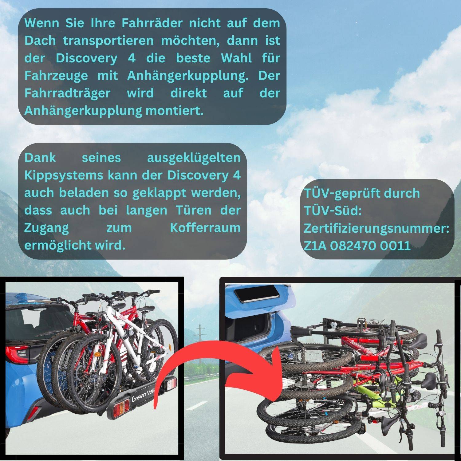 eBike Fahrradträger für Anhängerkupplung Fahrrad Heckträger Radträger - Discovery 4 - für 4 Fahrräder - 60kg Zuladung - am Fahrzeug klappbar -