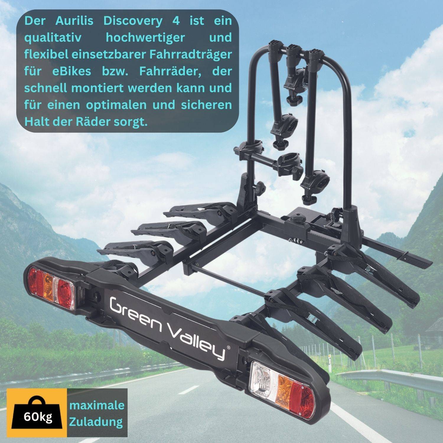 eBike Fahrradträger für Anhängerkupplung Fahrrad Heckträger Radträger - Discovery 4 - für 4 Fahrräder - 60kg Zuladung - am Fahrzeug klappbar -