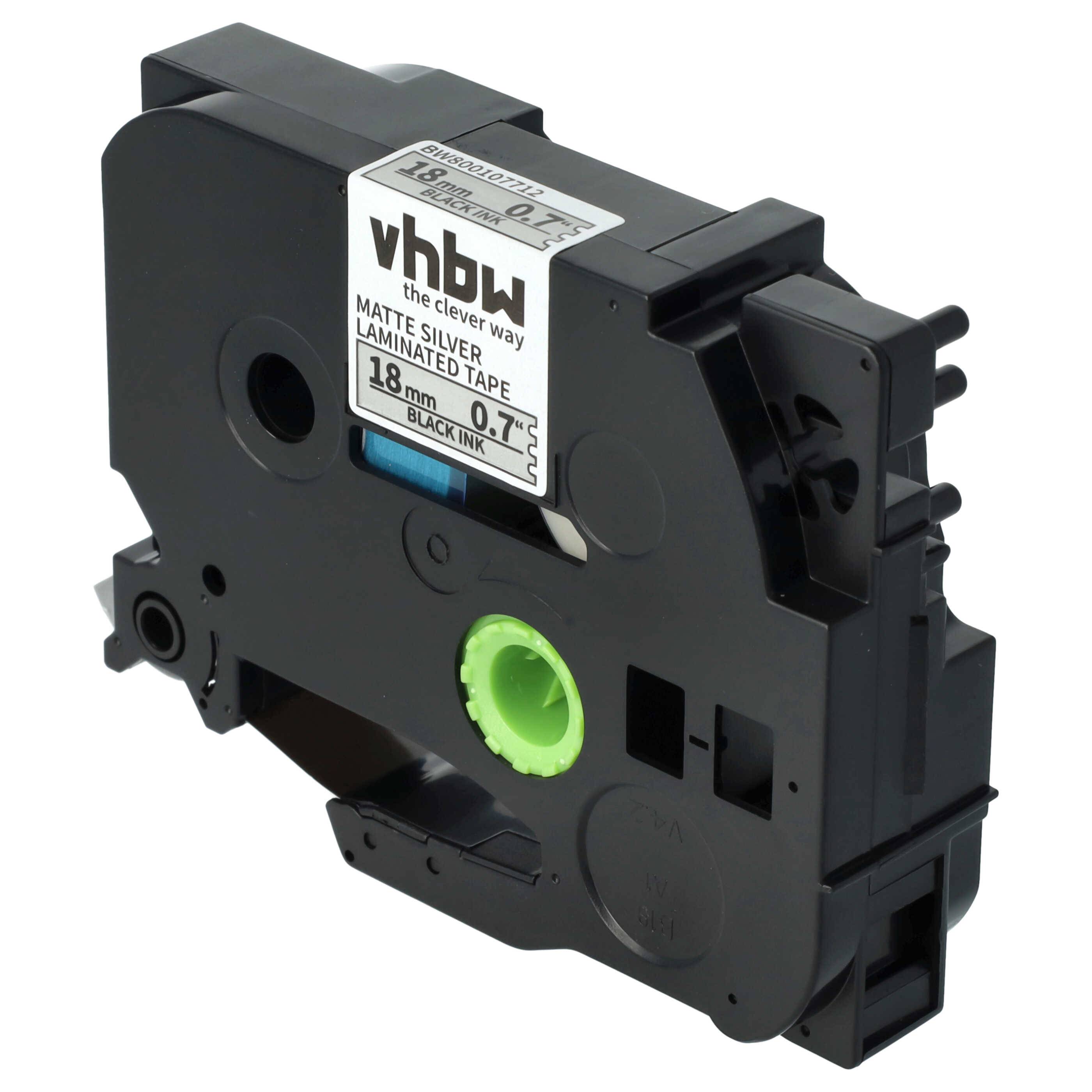 vhbw Schriftband-Kassette kompatibel mit Brother PT H 500 Li, 9700 PC, 9800 PCN, E 500 VP, H 500 Etiketten-Drucker 8m x 18mm Schwarz auf Matt-Silber