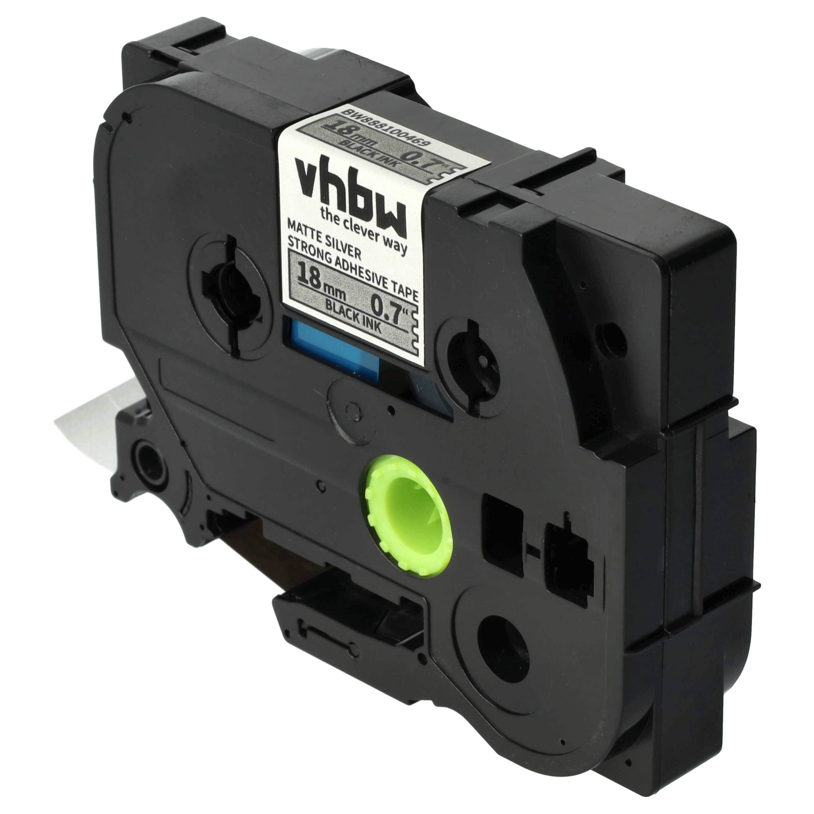 vhbw Schriftband-Kassette kompatibel mit Brother PT 1900, 1910, 1950 Etiketten-Drucker 8m x 18mm Schwarz auf Matt-Silber, Extra Stark, Laminiert