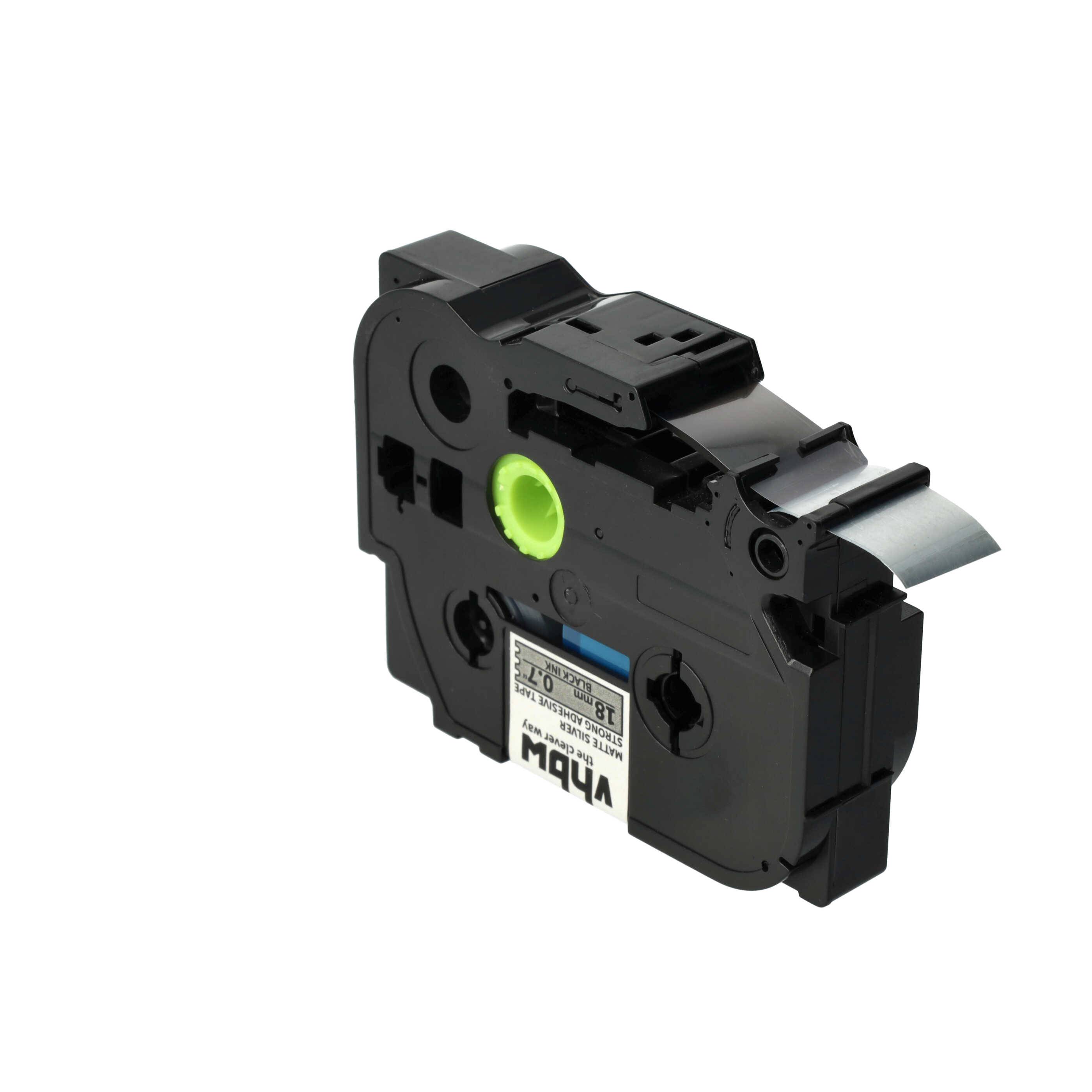 vhbw Schriftband-Kassette kompatibel mit Brother PT 2450CC, 2450, 2430PC Etiketten-Drucker 8m x 18mm Schwarz auf Matt-Silber, Extra Stark, Laminiert