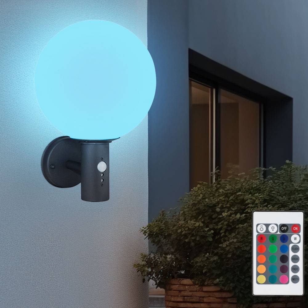 Außenleuchte Glaskugel Wandleuchte mit Bewegungsmelder Gartenleuchte Edelstahl, Fernbedienung dimmbar, RGB LED 8,5W 806Lm warmweiß, DxH 25x37 cm