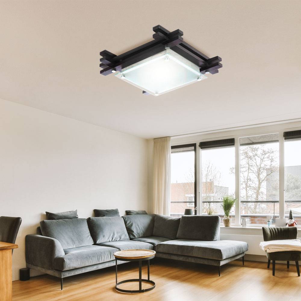 Holz Decken Leuchte Glas satiniert Wohn Schlaf Zimmer Beleuchtung Design Strahler eckig