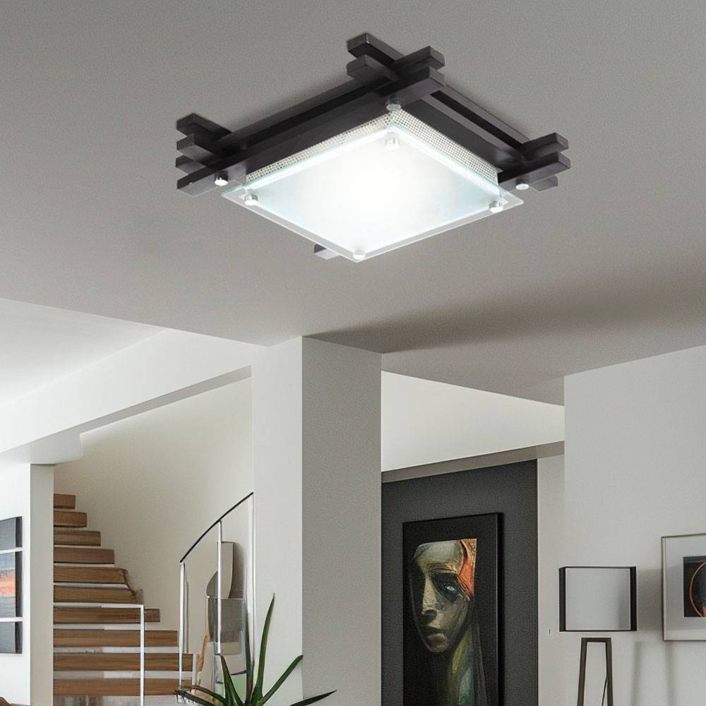 Holz Decken Leuchte Glas satiniert Wohn Schlaf Zimmer Beleuchtung Design Strahler eckig