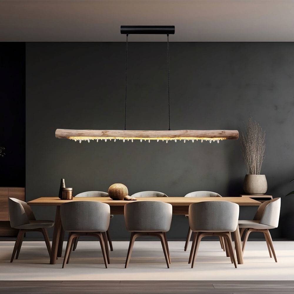 Decken Hängeleuchte Holzbalken natur Pendelleuchte Kristall Dekor Hängelampe, 1x LED 20 Watt 1030 Lumen warmweiß, LxBxH 120x7x150cm, Wohnzimmer Ess