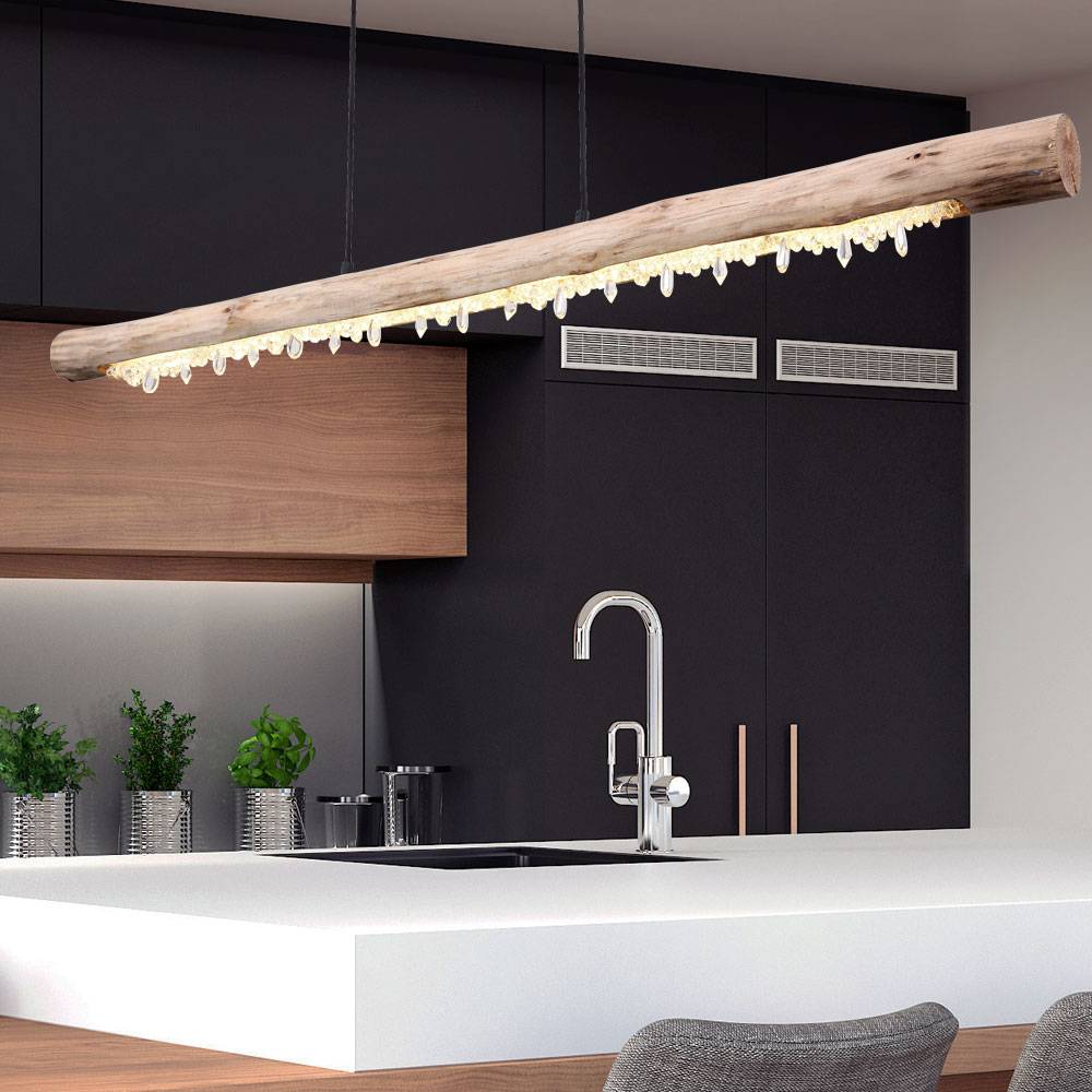 Decken Hängeleuchte Holzbalken natur Pendelleuchte Kristall Dekor Hängelampe, 1x LED 20 Watt 1030 Lumen warmweiß, LxBxH 120x7x150cm, Wohnzimmer Ess