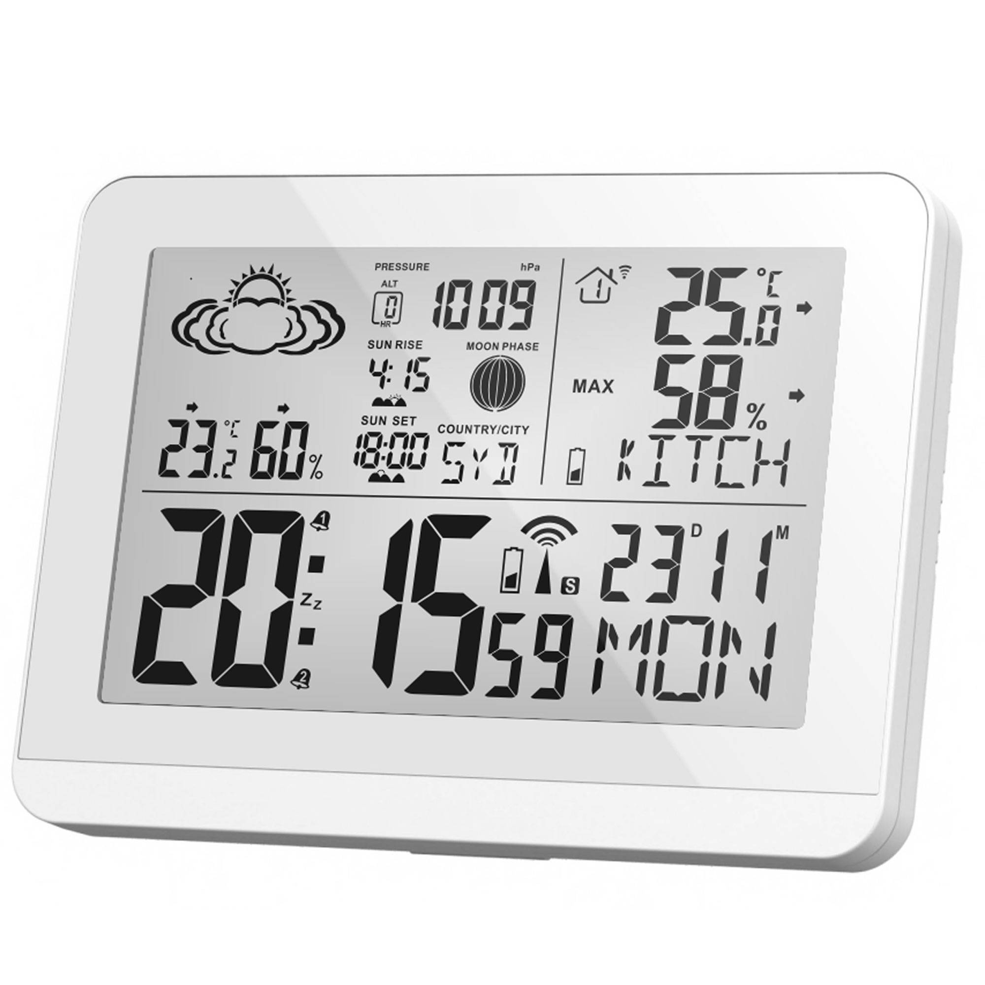 Moderne Design Funk-Wetterstation mit Aussensensor bennenbar Mondphase Sonnenaufgang Sonnenuntergang 2 Alarme Hygrometer Temperaturanzeige