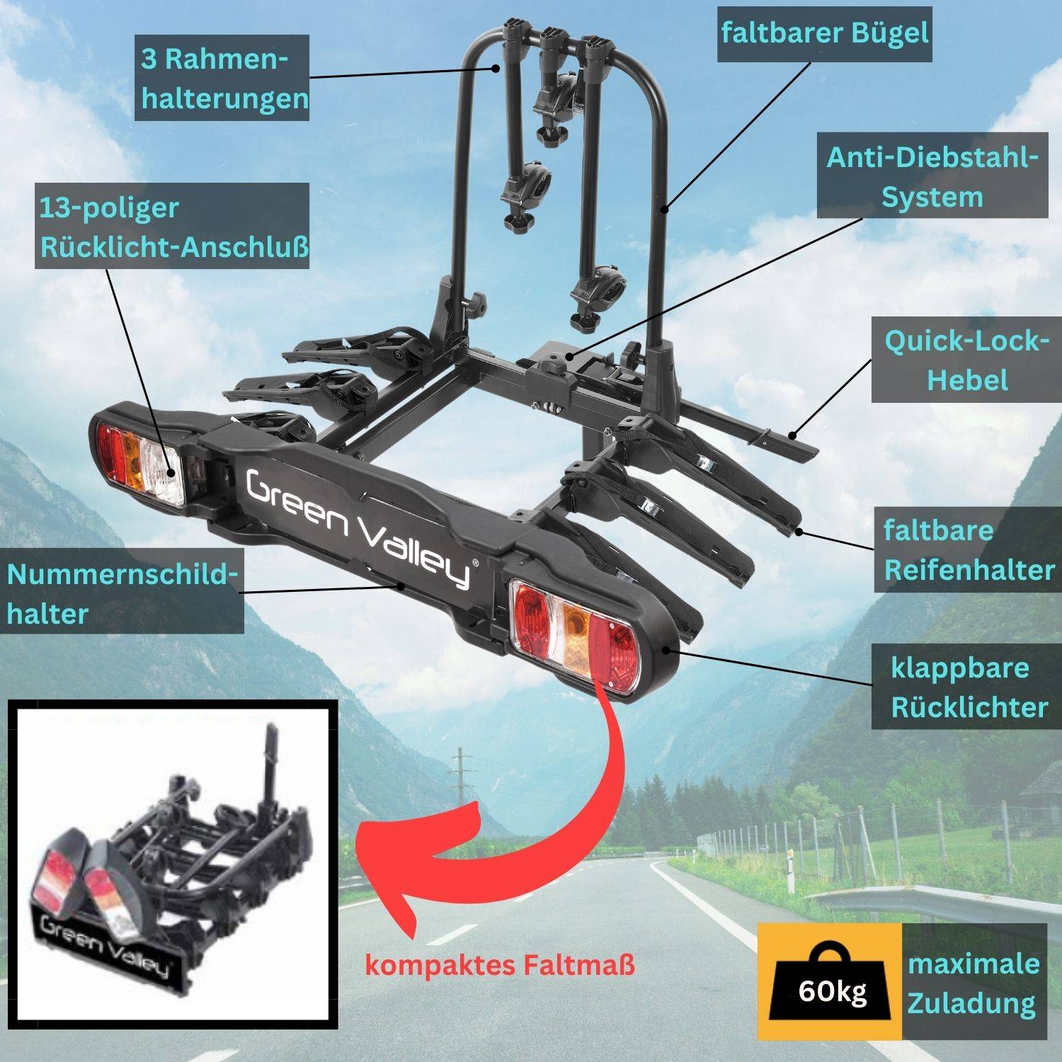 eBike Fahrradträger für Anhängerkupplung Fahrrad Heckträger Radträger - Discovery 3 - für 3 Fahrräder - 60kg Zuladung - am Fahrzeug klappbar -