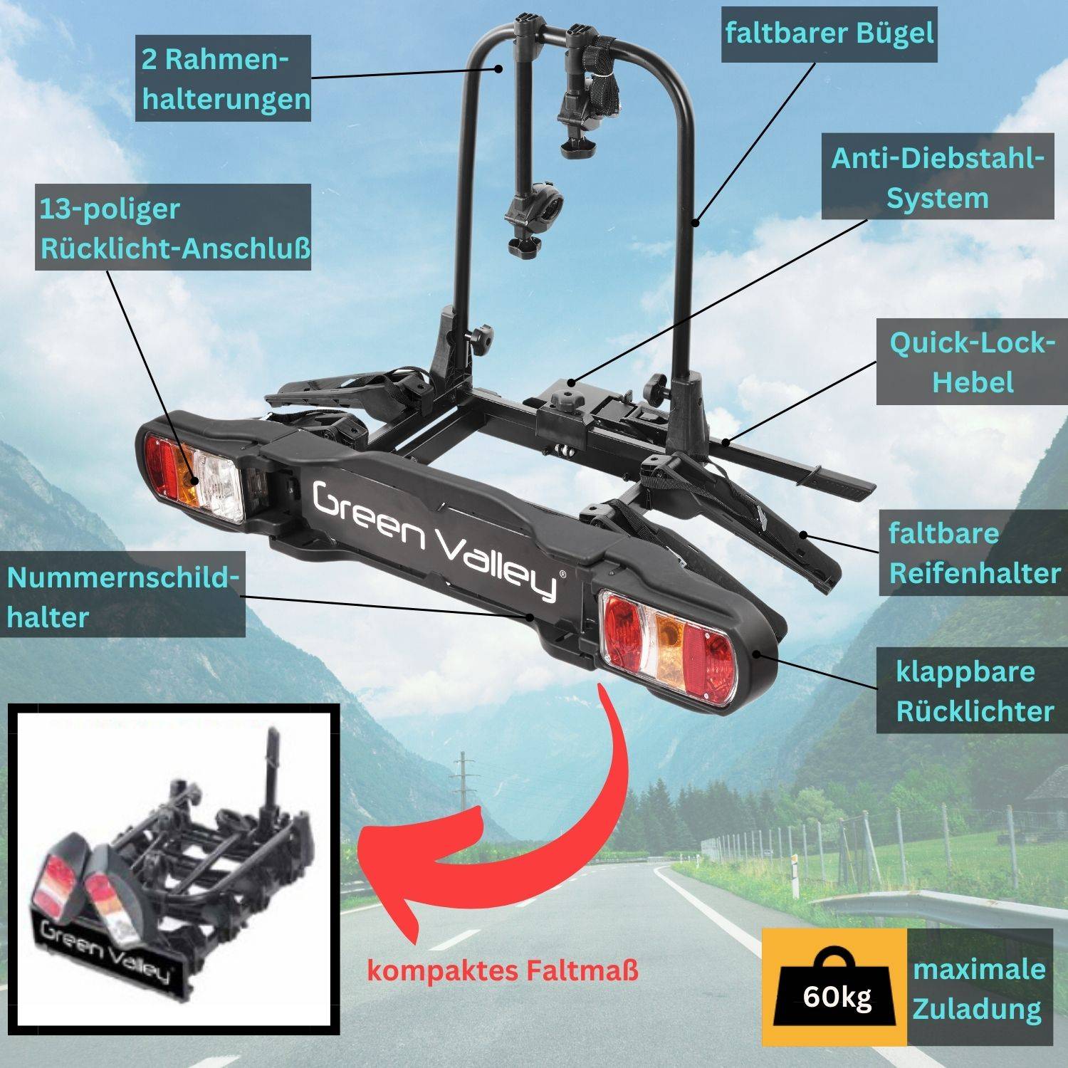 eBike Fahrradträger für Anhängerkupplung Fahrrad Heckträger Radträger - Discovery 2 - für 2 Fahrräder - 60kg Zuladung - am Fahrzeug klappbar -