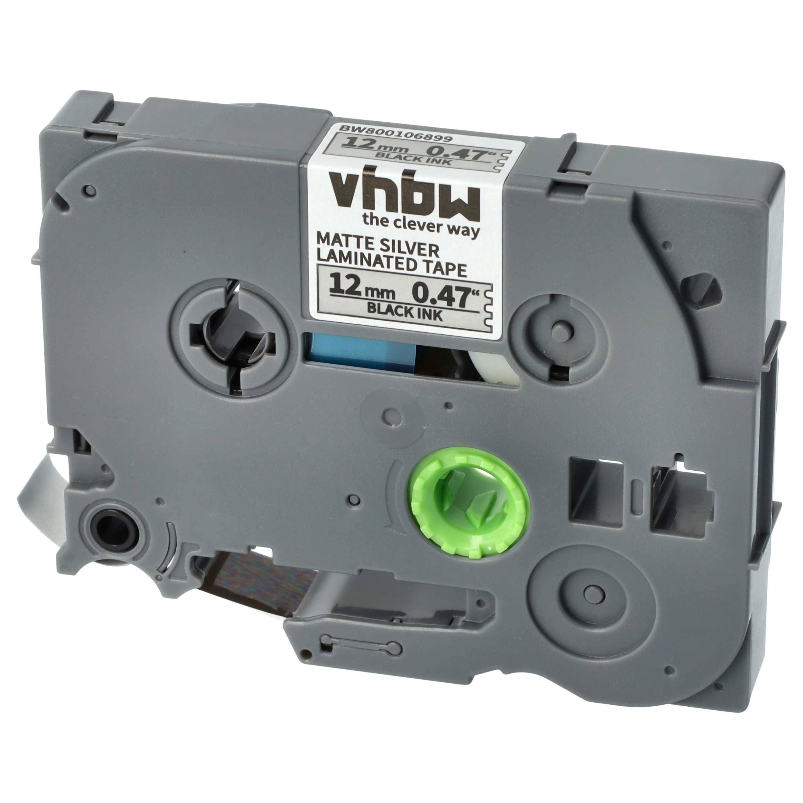 vhbw Schriftband-Kassette kompatibel mit Brother PT E300VP, E300, GL-100, H100, E200, H100L Etiketten-Drucker 8m x 12mm Schwarz auf Matt-Silber
