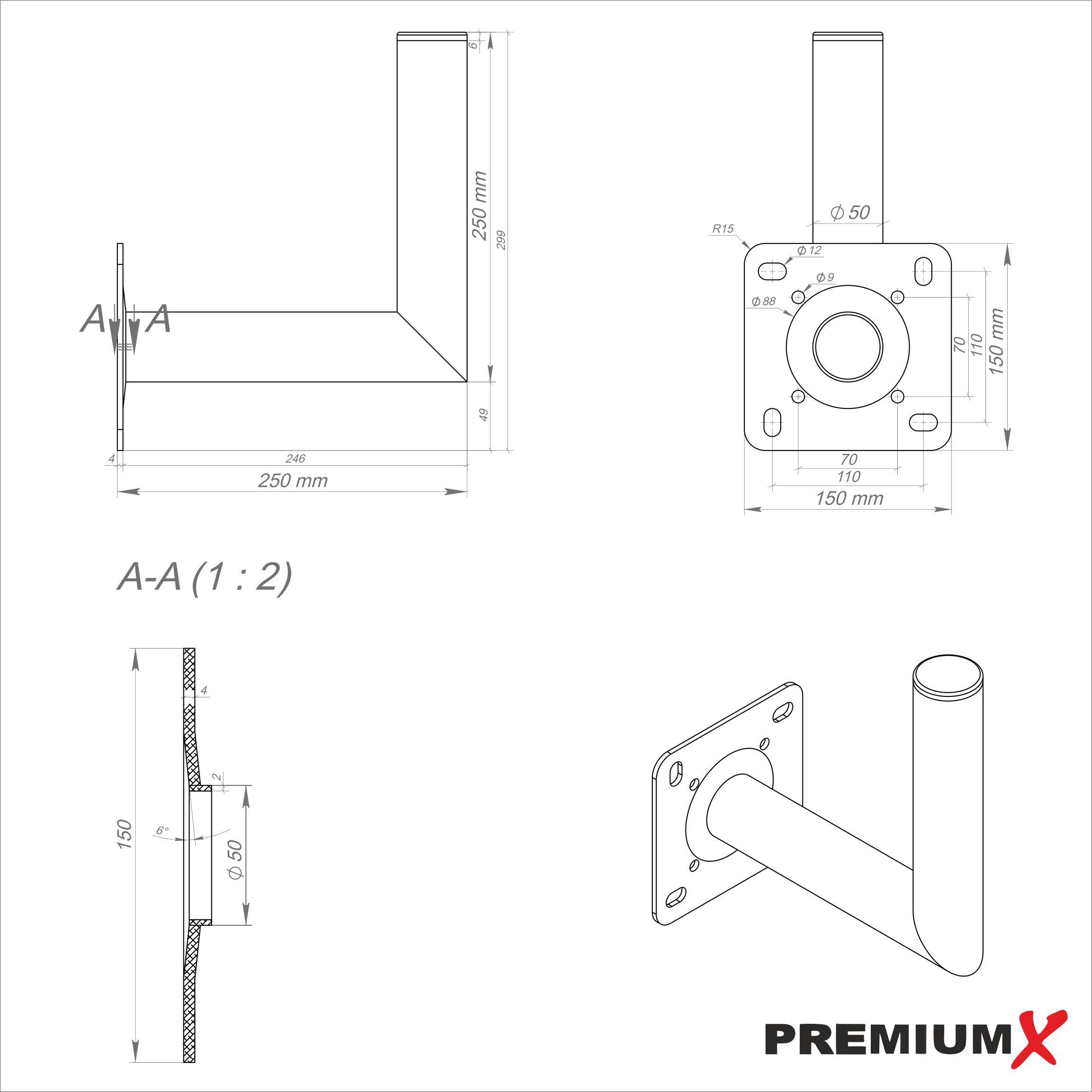 PremiumX 25cm Wandhalter ALU SAT Wandhalterung für Satellitenschüssel Aluminium Satelliten-Antenne Halterung 250mm