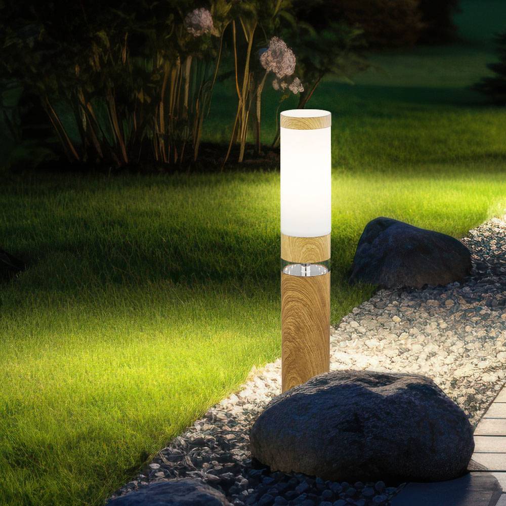 Standleuchte Sockelleuchte Außen rund Sockellampe Aussenbereich Edelstahl Terrassen, Holz Optik mit Deko LED, 1x E27, DxH 11,7 x 50 cm