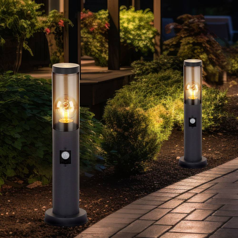 Außenstehlampe mit Bewegungsmelder Pollerleuchte Außen Sockelleuchte Gartenlampen anthrazit IP44, Edelstahl rauchfarben, 1x E27 Fassung, DxH 7,6x45c