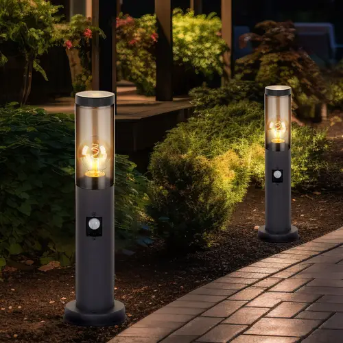 Außenstehlampe mit Bewegungsmelder Pollerleuchte Außen Sockelleuchte Gartenlampen anthrazit IP44, Edelstahl rauchfarben, 1x E27 Fassung, DxH 7,6x45c Außenstehlampe mit Bewegungsmelder Pollerleuchte Außen Sockelleuchte Gartenlampen anthrazit IP44, Edelstahl rauchfarben, 1x E27 Fassung, DxH 7,6x45c
