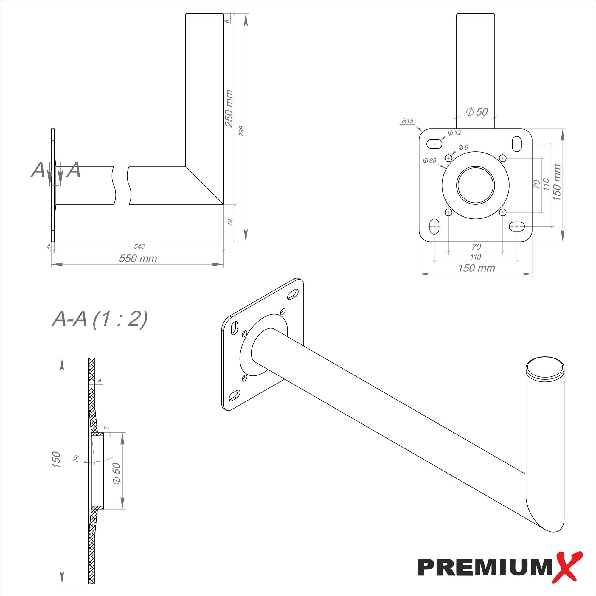 PremiumX 55cm Wandhalter Aluminium SAT Wandhalterung für Satellitenschüssel ALU Wand-Halter 550mm