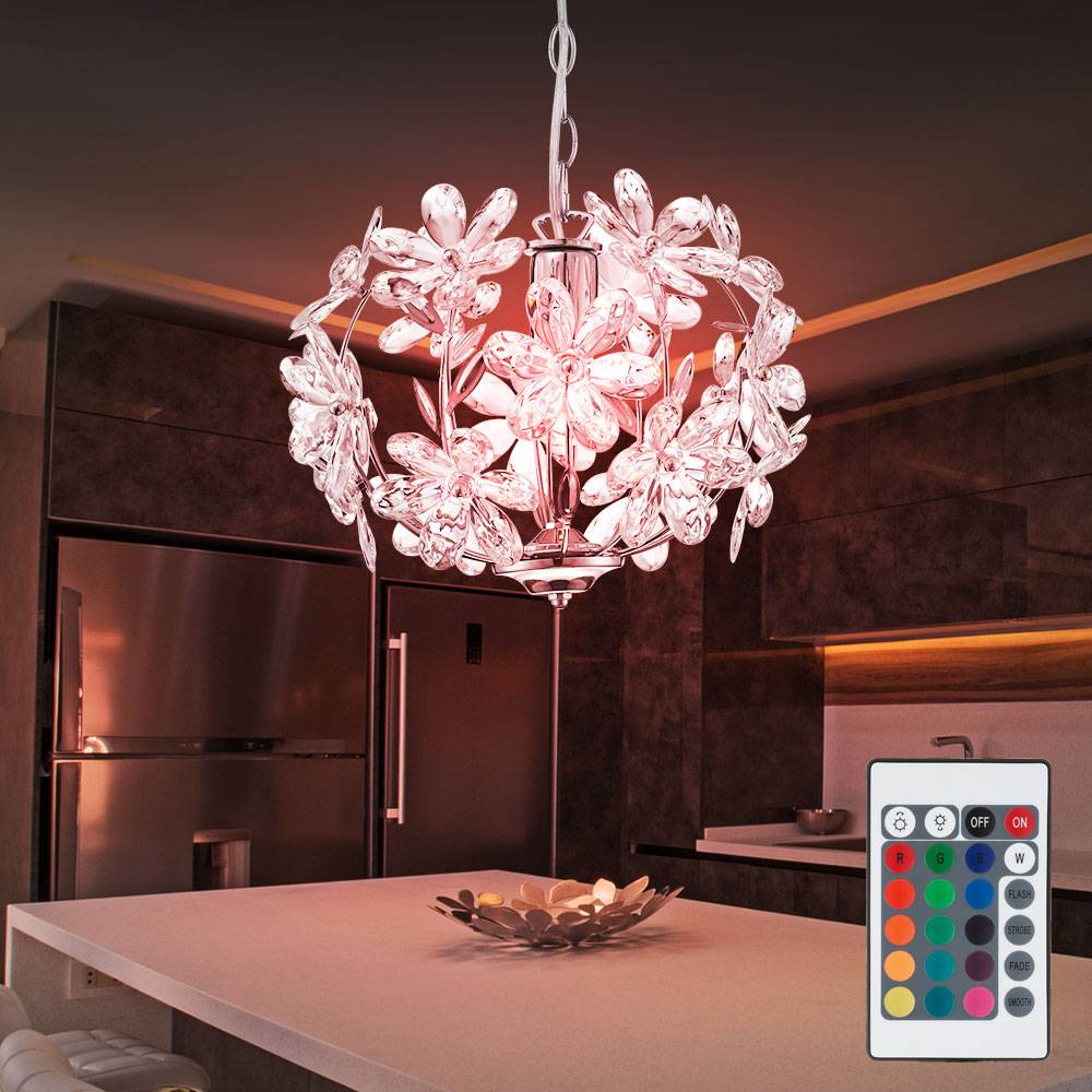Hängeleuchte Pendelleuchte Blätterleuchte Deckenpendel Blumen Design, Acryl, Chrom, dimmbar Fernbedienung, 1x RGB LED 8,5W 806Lm warmweiß, DxH 34x8