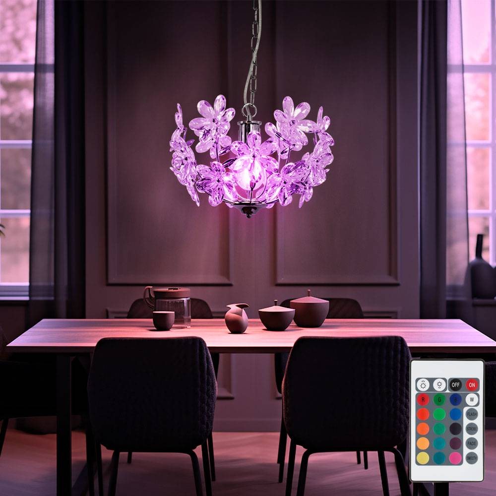 Pendelleuchte Hängeleuchte Blätterleuchte Deckenpendel Blumen Design, Acryl, Chrom, dimmbar Fernbedienung, 1x RGB LED 8,5W 806Lm warmweiß, DxH 34x8