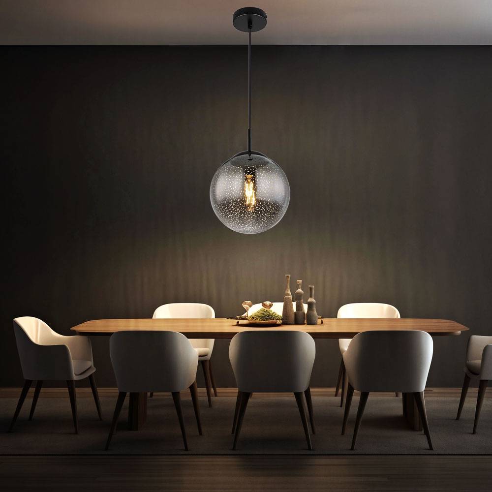 Hängeleuchte Kugel schwarz Pendelleuchte Esstisch Rauchglas Hängelampe Glas Retro, Höhenverstellbar, Sternen-Effekt, 1x E27 Fassung, DxH 25x120 cm