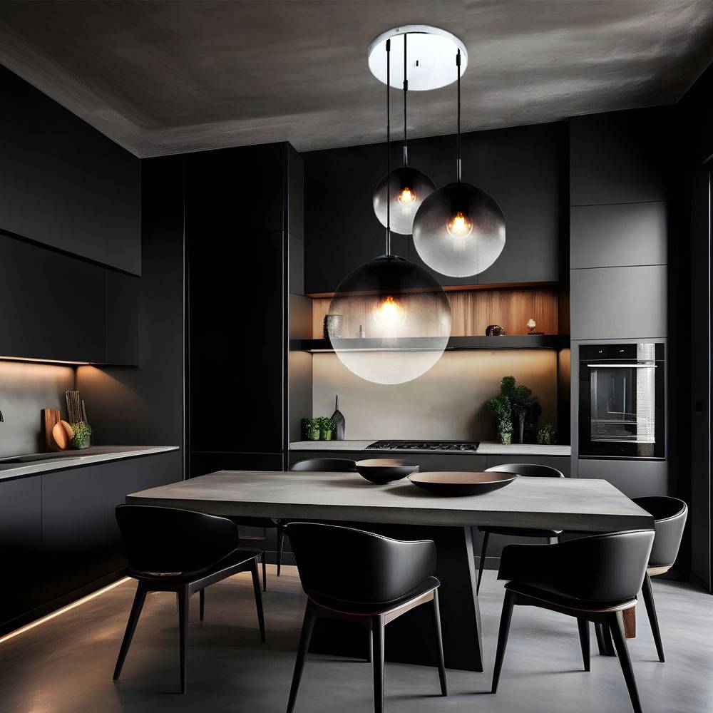 Pendelleuchte Rauchglas Hängeleuchte Glas chrom Deckenlampe für Ihr Wohnzimmer, Kugelform, 3x E27, DxH 51x120 cm, Esszimmer