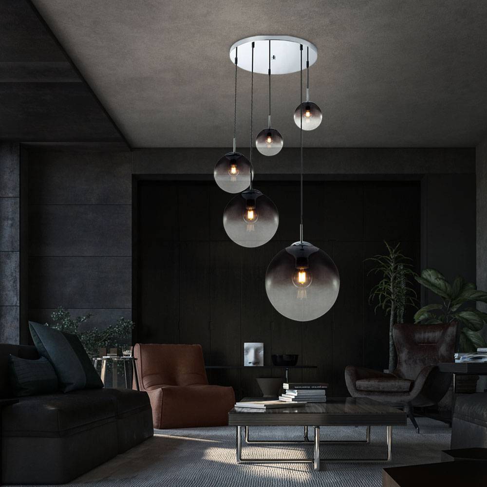 Decken Pendelleuchte Rauchglas 5 flammig Kugel Hängelampe, verschiedene Größen, 5x E27, Höhe 150 cm, Wohnzimmer Esszimmer
