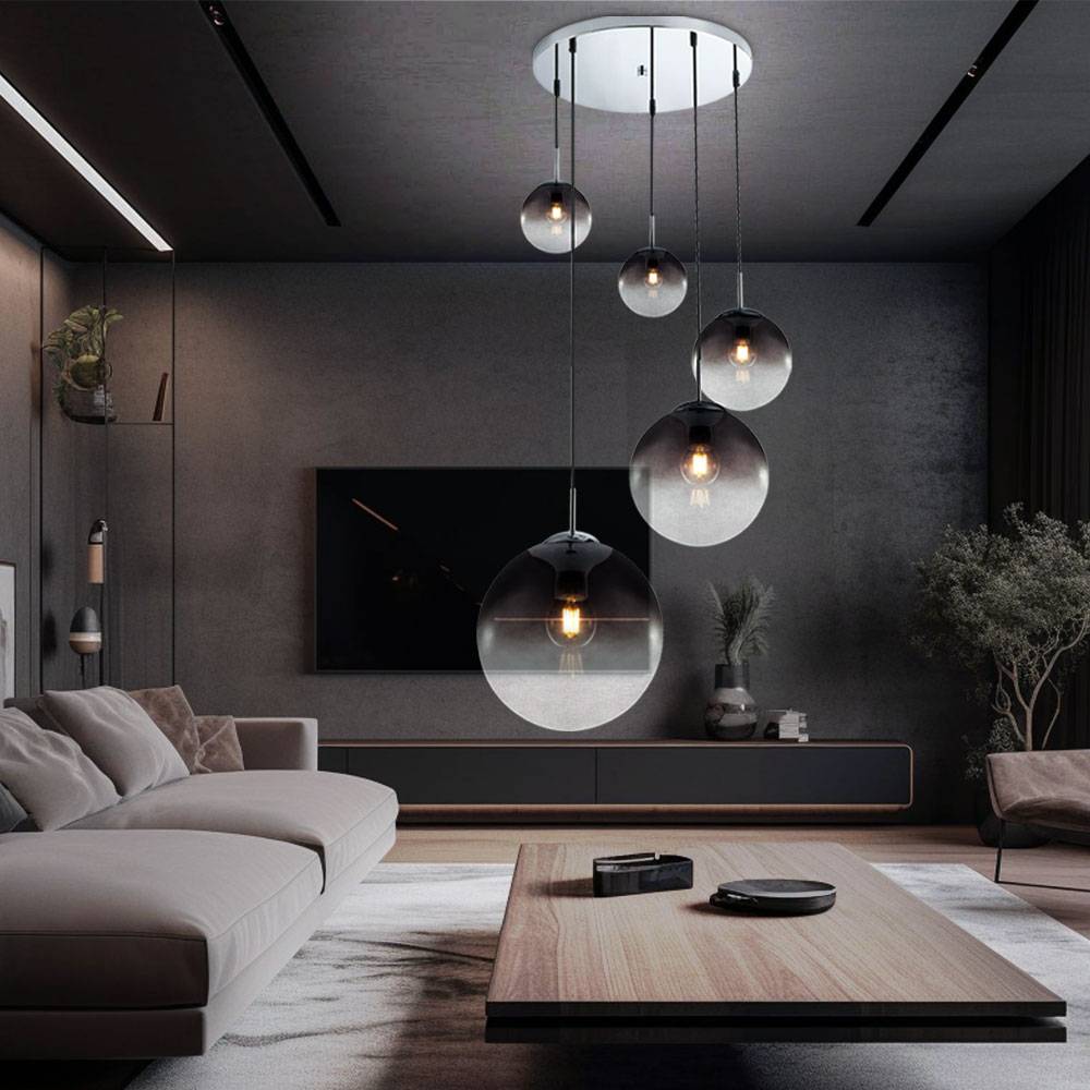 Decken Pendelleuchte Rauchglas 5 flammig Kugel Hängelampe, verschiedene Größen, 5x E27, Höhe 150 cm, Wohnzimmer Esszimmer