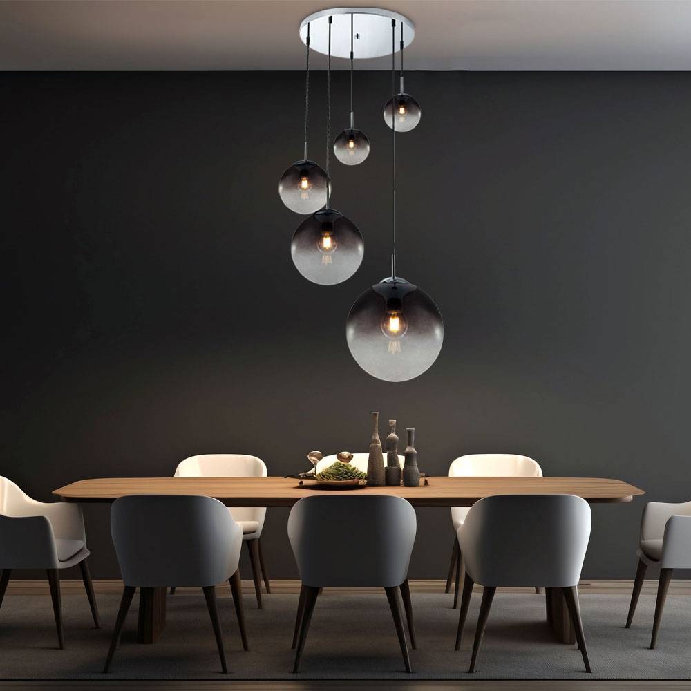 Decken Pendelleuchte Rauchglas 5 flammig Kugel Hängelampe, verschiedene Größen, 5x E27, Höhe 150 cm, Wohnzimmer Esszimmer