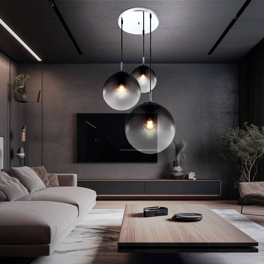 Pendelleuchte Rauchglas Hängeleuchte Glas chrom Deckenlampe für Ihr Wohnzimmer, Kugelform, 3x E27, DxH 51x120 cm, Esszimmer